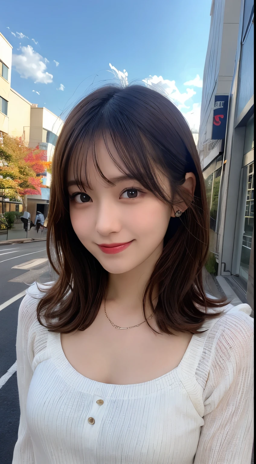 She looks happy when she sees this、casual clothes、Under the autumn sky、muste piece, best quality, illustration, Super detailed, fine details, High resolution, 8K Denden Wallpaper, perfect dynamic composition, beautiful detailed eyes, Women's Fashion Summer,bob hair,middle of chest, natural color lip, bold sexy pose,shy smile,Harajuku style、20 year old girl、cute type、sexy shot looking at camera