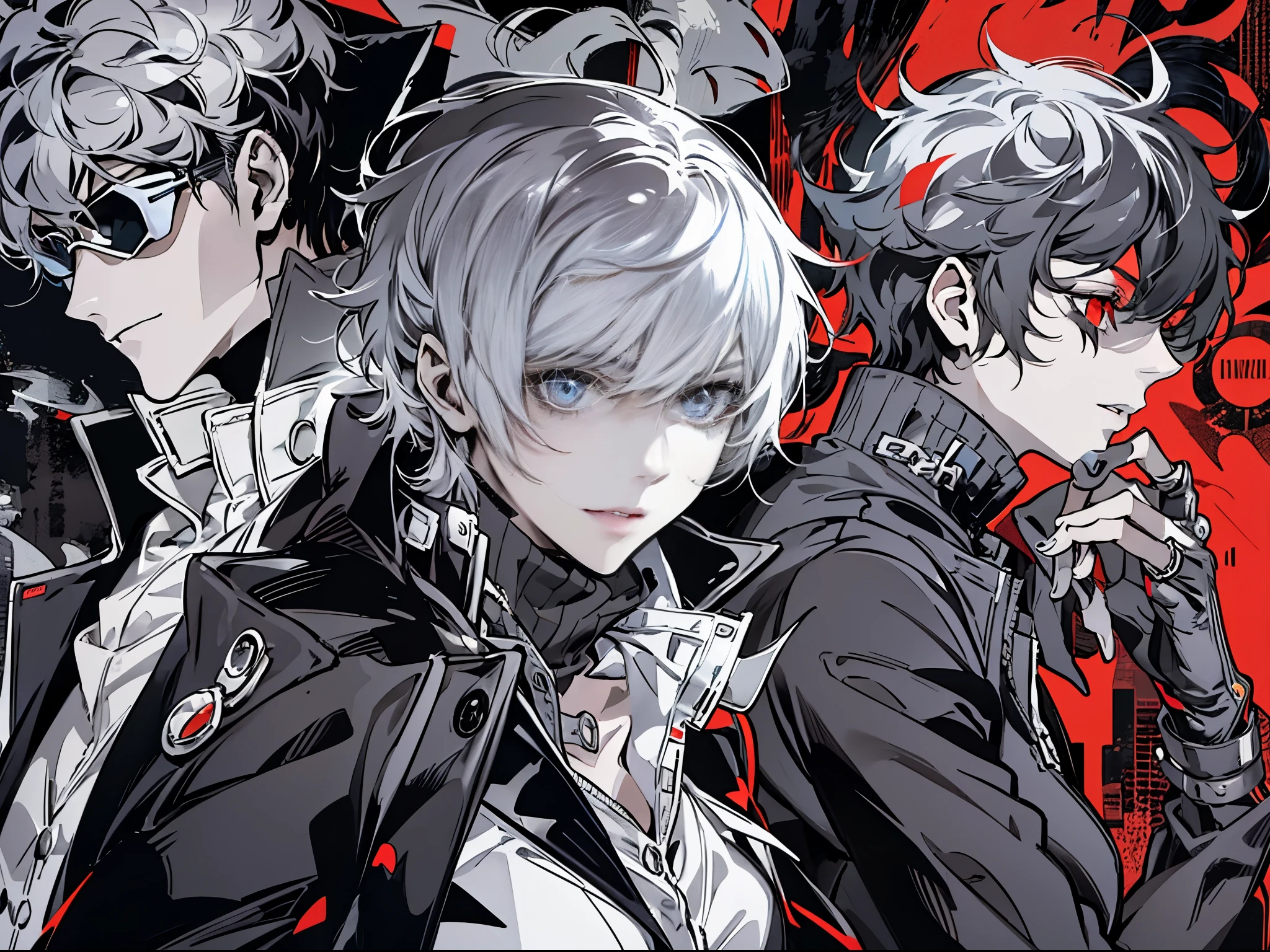Close-up of two anime characters dressed in black and white, persona 5 art style wallop, persona 5 style, jazz and loss draw, Persona 5 Phantom Thief Style, Akihiko Inoue and Ross Tran, 2b, 2b, black and white and red, official art book, red and black and white, Inspired by Persona 5