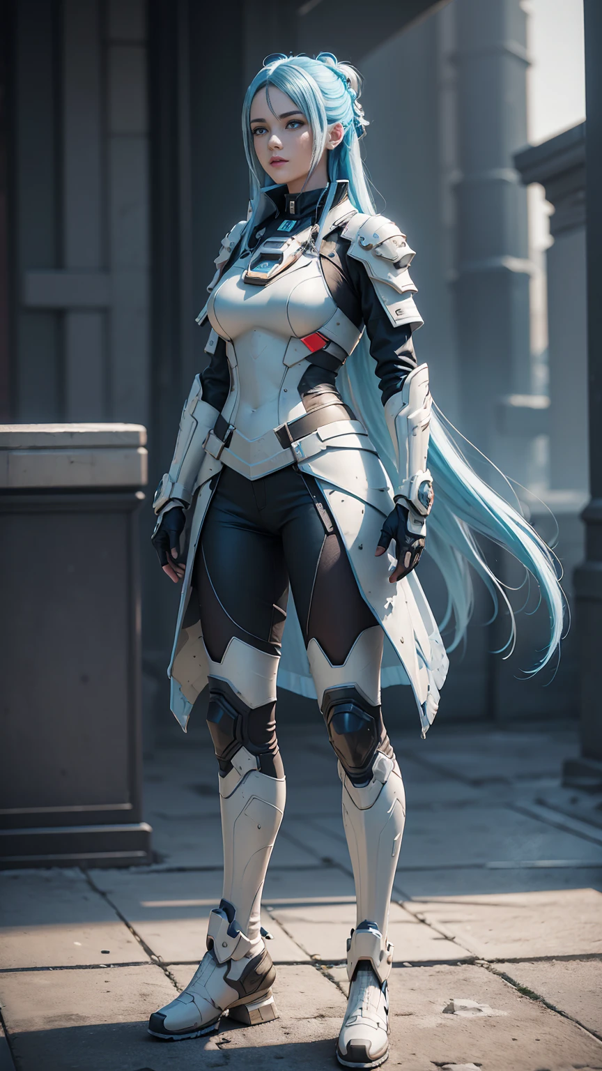 ((Best quality)), ((masterpiece)), (detailed:1.3), full body, side view, 3D, an image of a beautiful cyberpunk female, straight long hair, Ice Blue hair, beautiful blue eyes, HDR (High Dynamic Range),Ray Tracing,NVIDIA RTX,Super-Resolution,Unreal 5,Subsurface scattering,PBR Texturing,Post-processing,Anisotropic Filtering,Depth-of-field,Maximum clarity and sharpness,Multi-layered textures,Albedo and Specular maps,Surface shading,Accurate simulation of light-material interaction,Perfect proportions,Octane Render,Two-tone lighting,Wide aperture,Low ISO,White balance,Rule of thirds,8K RAW, battlefield, hand holding sniper guns,