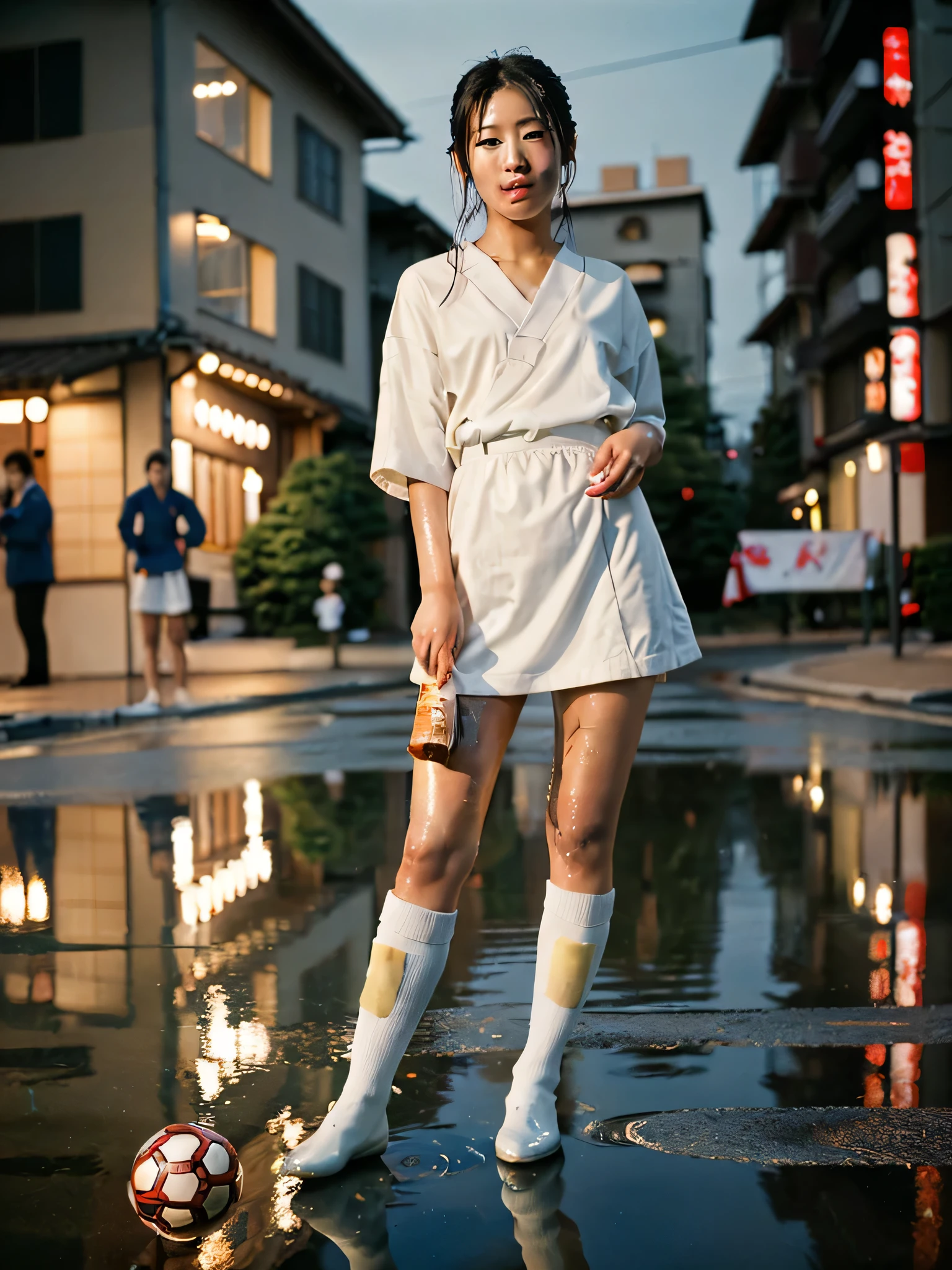 8k photo portrait of a a realistic pretty japanese girl name mika wanakashi at a christmas party holding a baguette and kicking a soccer ball in highly detailed, vibrant, production cinematic, reflections on wet street, 8k, film grain, 70mm, portra 800
