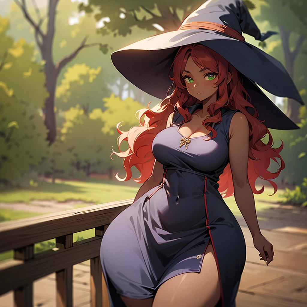 (((Dark Skin Woman))),(((Wearing a cottage style dress))),(((wearing a witch's hat))),(((Red wavy hair))),(((Lime green eyes))),(((Curvy body))),(((Alone)))