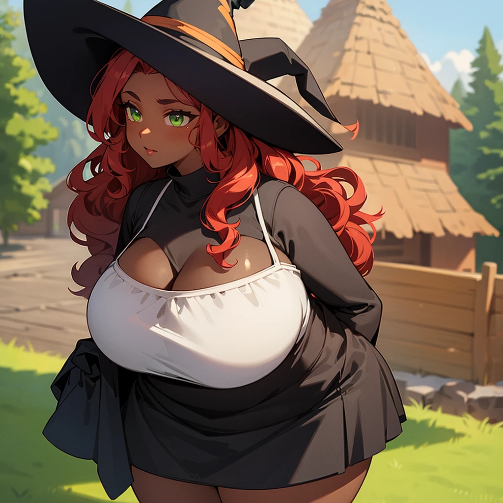 (((Dark Skin Woman))),(((Wearing a cottage style dress))),(((wearing a witch's hat))),(((Red wavy hair))),(((Lime green eyes))),(((Curvy body))),(((Alone)))