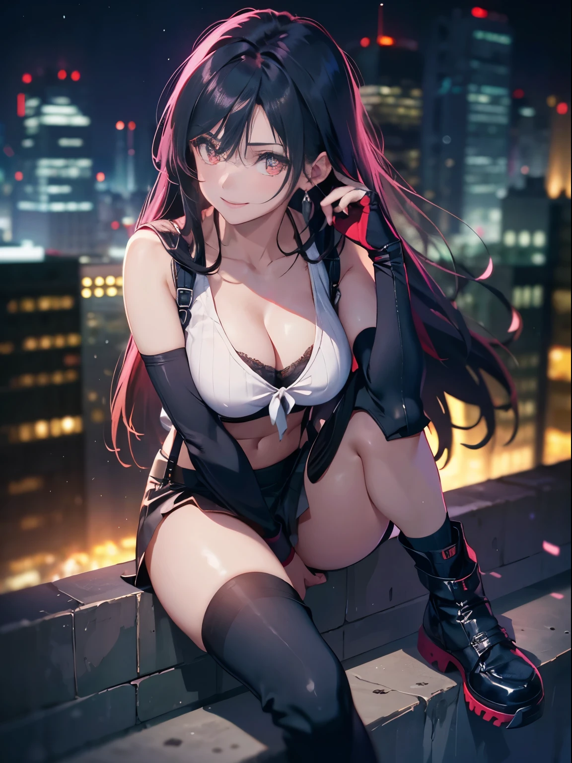 (8K, Best Quality, Masterpiece: 1.2), (Realistic, Photorealistic: 1.37), Super Detail, One Girl, Cute, Solo, (Tifa Lockhart), (Big Breasts), (Beautiful Eyes), (Smile: 1.2), Closed, Model Pose, (Green Neon), Cityscape, Depth of Field, Dark Strong Shadows, Sharp Focus, Motion Blur, Depth of Field, composition, , Final Fantasy VII, (nose brush), single elbow pads, ankle boots, black hair, red boots, elbow gloves, elbow pads, fingerless gloves, sports bra, black skirt (suspenders), white tank top: 1.5, full body, headrest, beauty face, low tie long hair, (red_eyes), (night: 1.5), complex, Cinematic Lighting, Photon Mapping, Radiosity, Physically Based Rendering, (Tetsuya Nomura style), Perfect Breast, Cleavage: 1.2,