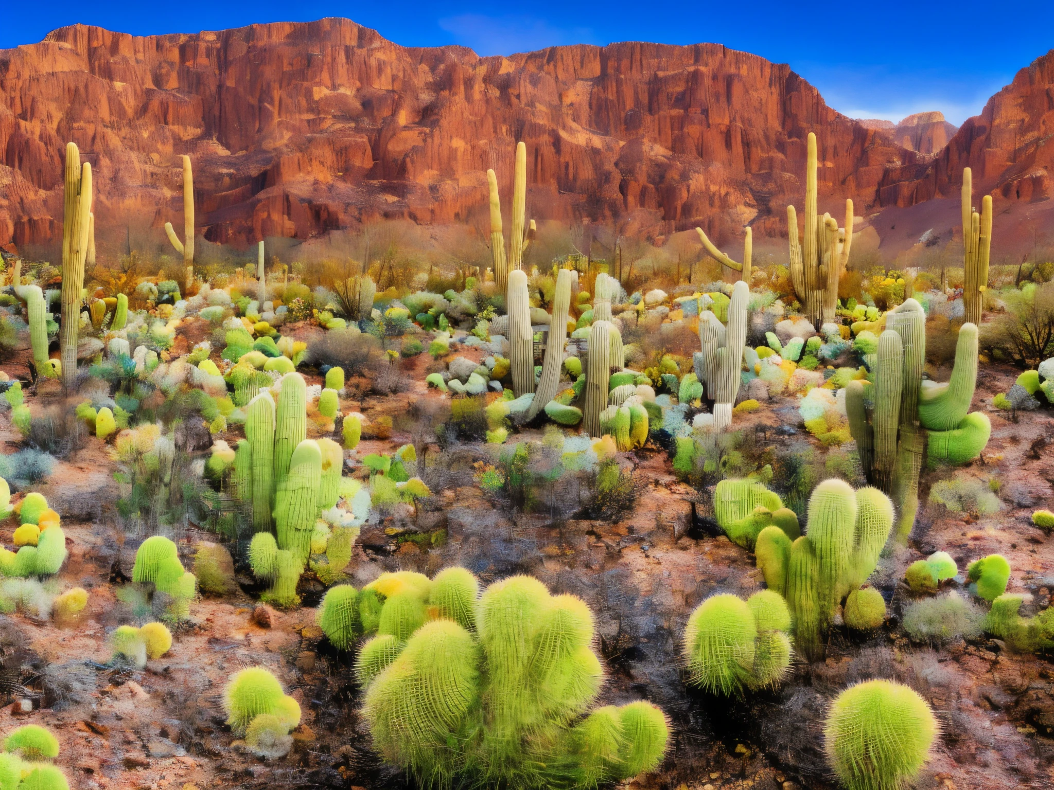 desert canyon, ((detailed rocks and cliffs)), cacti and desert plants, palm trees in the distance, crystal-clear blue sky, best quality ,highres, ultra-detailed, realistic lighting, vivid colors, warm golden hues