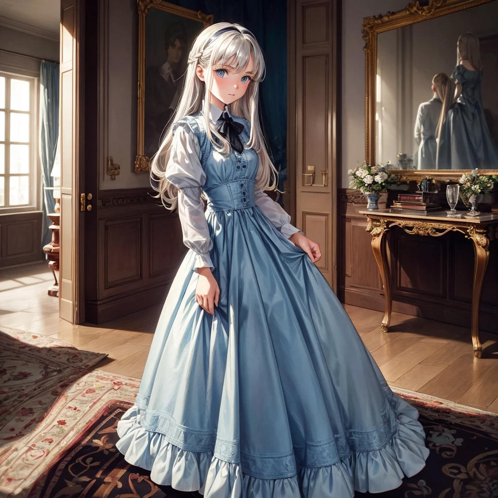 German ,upper class cute young lady ,14 years old,thin,Bright, kind and polite Silver intake,long shaggy cut hair,blue eyes, The background is a private room in a mansion,classy clothes,1939