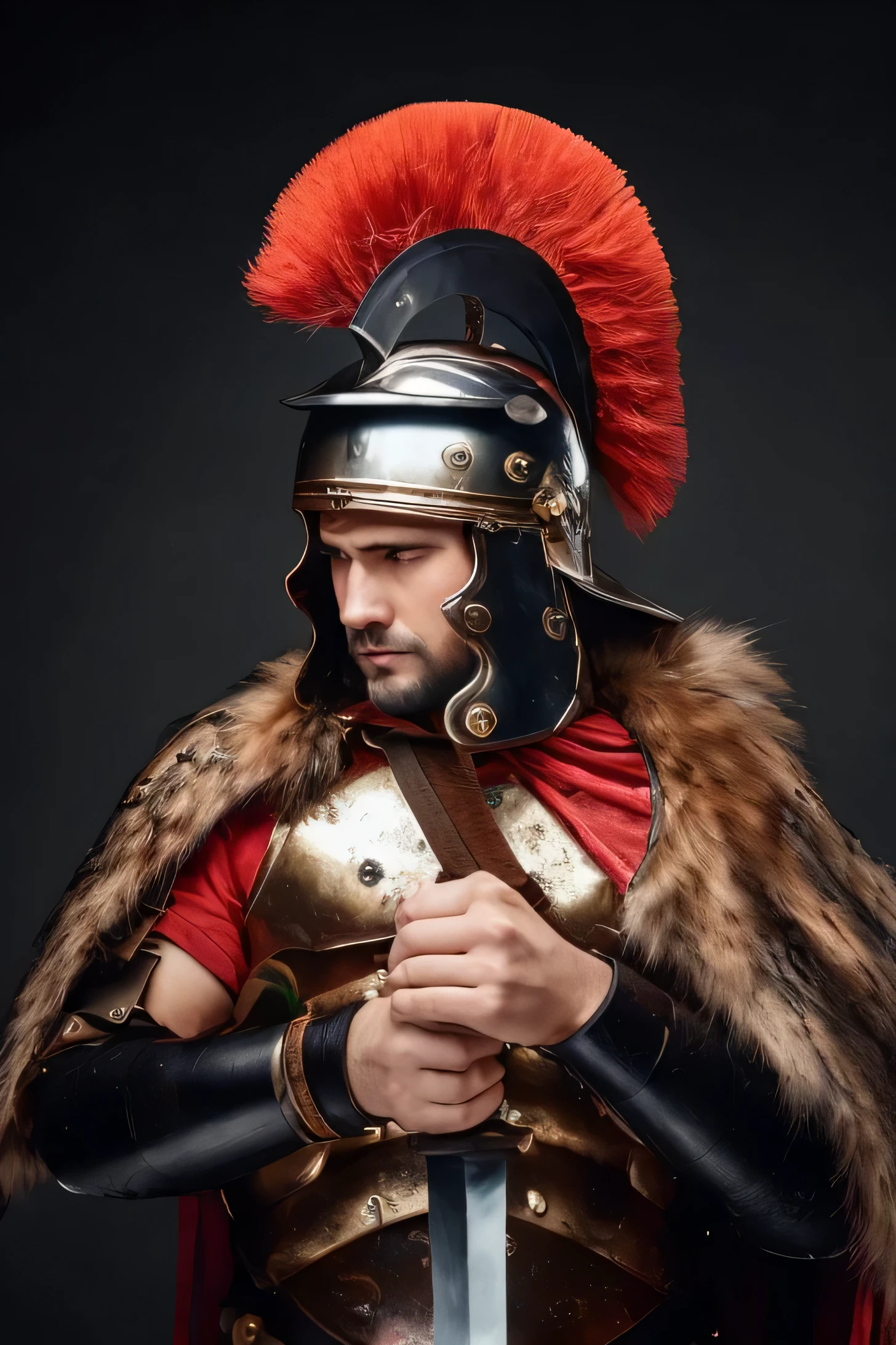 Close-up of a man wearing a helmet and armor holding a sword, 穿着roman armor, legion novel, roman centurion, traditional roman armor, roman gladiator, ancient soldier, Wearing ancient Cimmerian armor, roman armor, Picture of a male warrior, wearing armor, wearing roman clothes, Wearing ancient armor, ancient romans