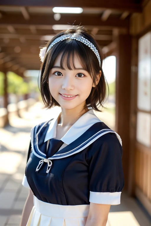 (((masterpiece))), (((cowboy shot))), (one beautiful japanese girl, innocence,cute) ,ultra high resolution, Reality, Super detailed, 8K,highest quality, Extremely detailed, blurry background,slender,(very beautiful japanese girl, detailed face:1.3), ((bob hair,hair band,shiny hair,black hair :1.4)), (baby face,cute系,adorable 10 year old girl,he is short), (perfect body:1.1),(cuteセーラー服、short sleeve sailor suit,navy blue pleated mini skirt),((cuteポーズ))),smile,rosy cheeks,super detailed face、detailed lip、detailed eyes、small gravure idol,transparent skin、Shining beautiful skin,ta,no makeup,Japanese high school uniform with school emblem on the chest,(Super high resolution),(perfect limbs、perfect anatomy),Colors and landscapes of youth、premonition of love,in the long hallway of school,many students walking,in front of the classroom,indoor,The morning light is shining through the hallway window.