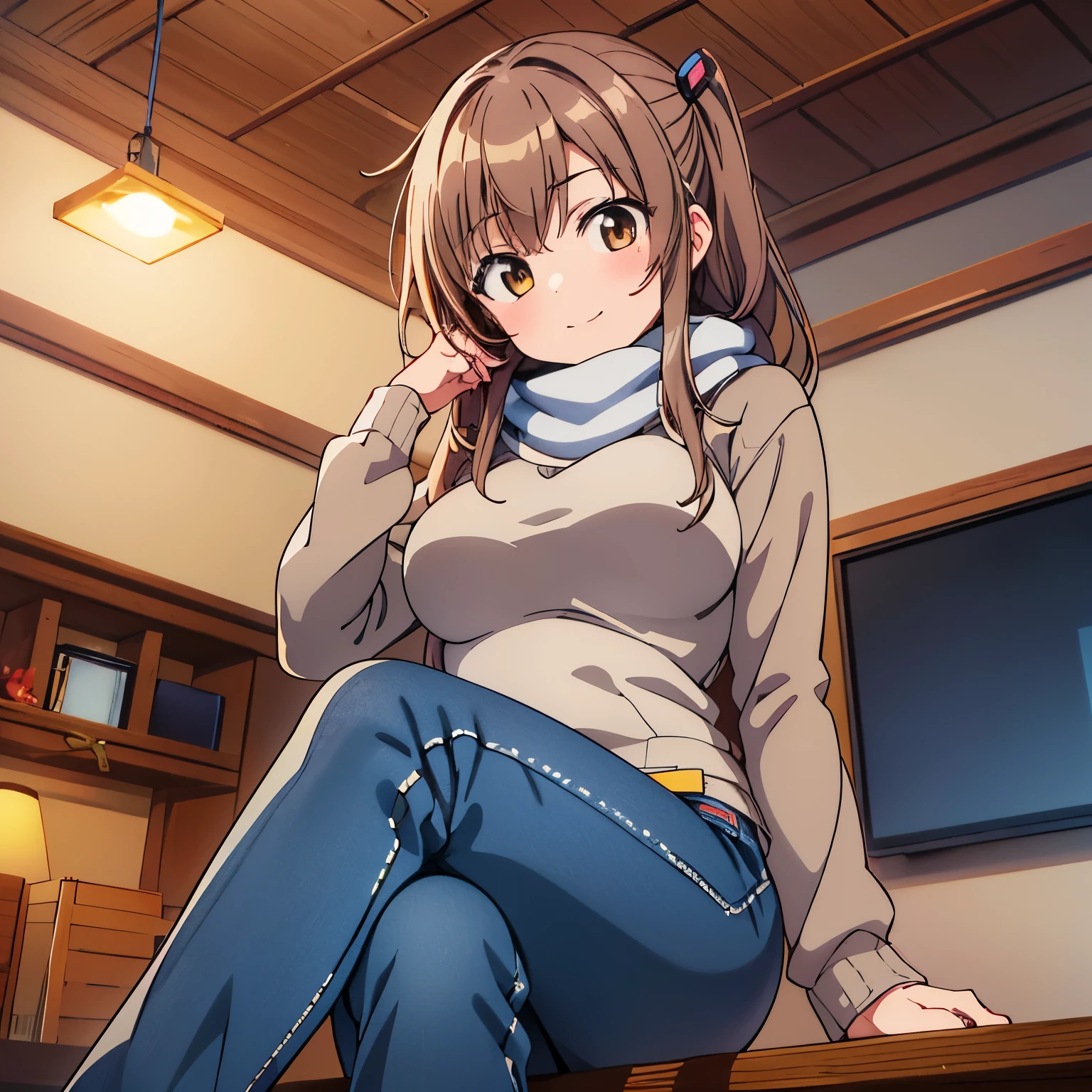 bell, anime, brown hair, medium breasts, brown eyes, light smile, jeans, scarf, gray sweatshirt, blue pants, sitting, sit cross-legged, Inside the smart home, sitting on the couch, Shino Asada&#39;s face, anime Sword Art Online, highest quality