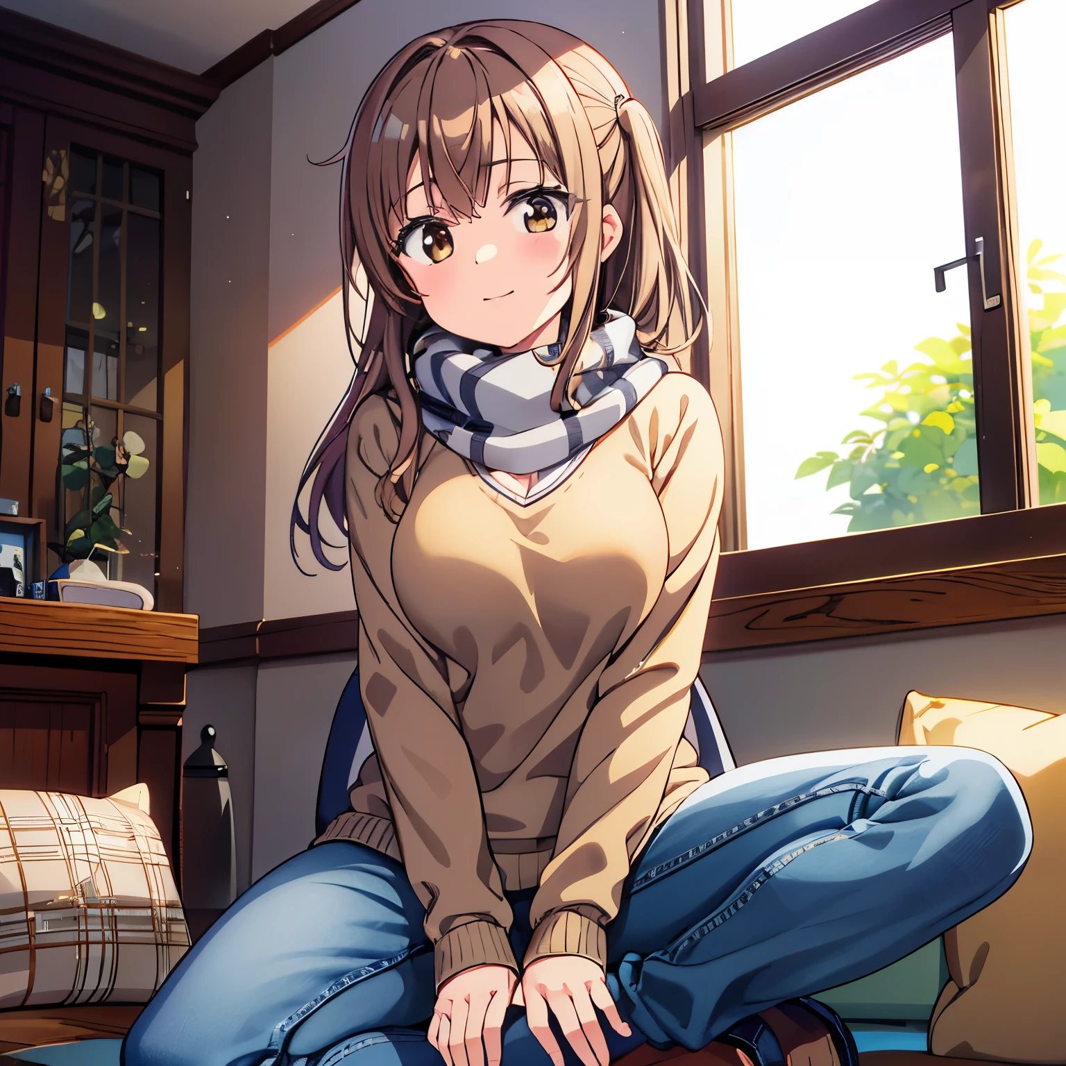 bell, anime, brown hair, medium breasts, brown eyes, light smile, jeans, scarf, gray sweatshirt, blue pants, sitting, sit cross-legged, Inside the smart home, sitting on the couch, Shino Asada&#39;s face, anime Sword Art Online, highest quality