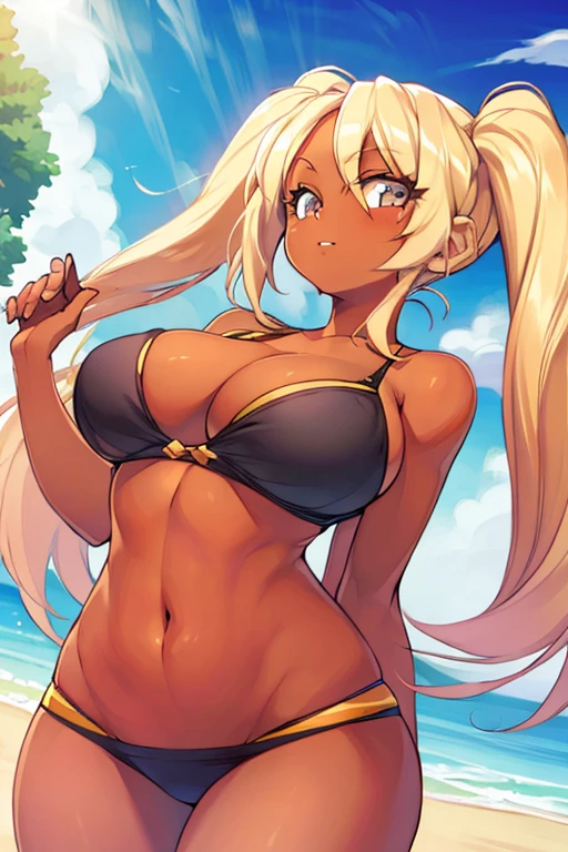 best quality, masterpiece, solo, 1girl,  dark skin, blonde hair, twintails, bikini, curvy,