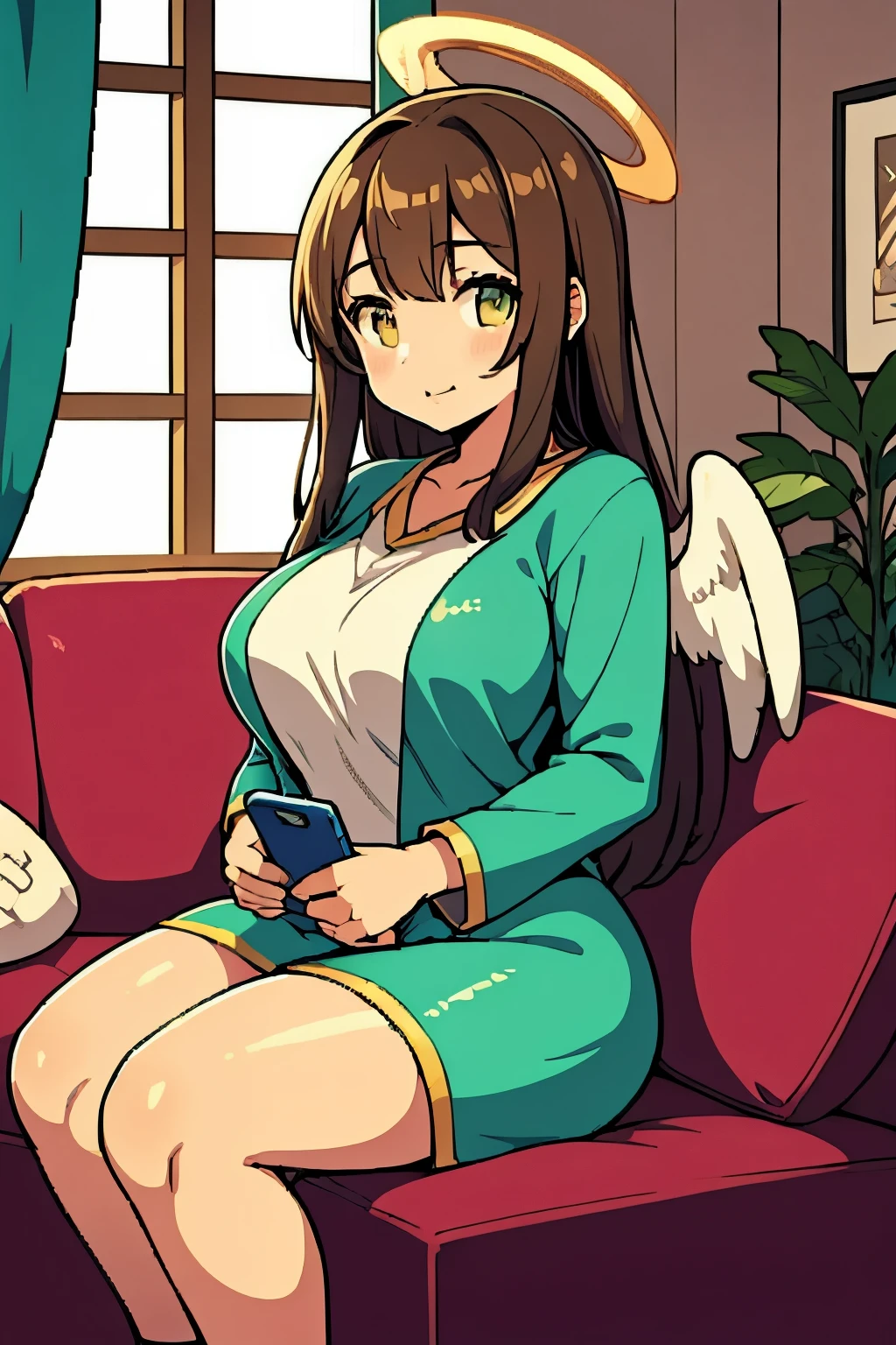 an angel woman sitting on a couch with a smartphone, chubby mommy anime girl, top rated on pixiv, at pixiv, thicc, plump, voluptuous, pixiv, popular on pixiv, wide angel, pixiv, with a smartphone, 4k digital art, chocolate brown hair, small angel wings, angel halo, heaving breasts, long sleeves, teal pajamas, long teal gown, thick long hair, gold eyes