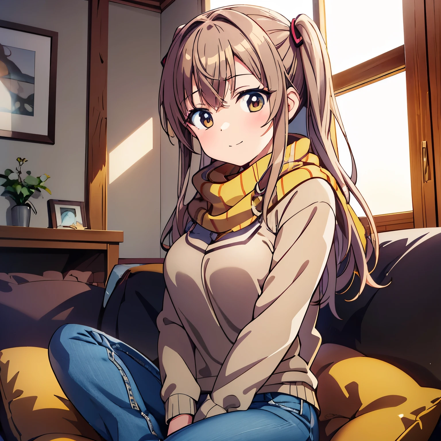 bell, anime, brown hair, medium breasts, brown eyes, light smile, jeans, scarf, gray sweatshirt, blue pants, sitting, sit cross-legged, Inside the smart home, sitting on the couch, Shino Asada&#39;s face, anime Sword Art Online, highest quality