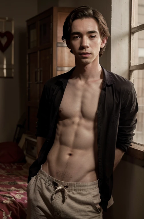 1 chico joven guapo, foto retrato de Liam Aiken, sin camisa, en una habitacion con corazones rosas