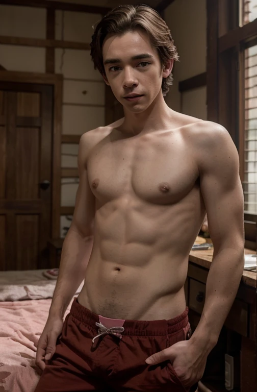 1 chico joven guapo, foto retrato de Liam Aiken, sin camisa, en una habitacion con corazones rosas