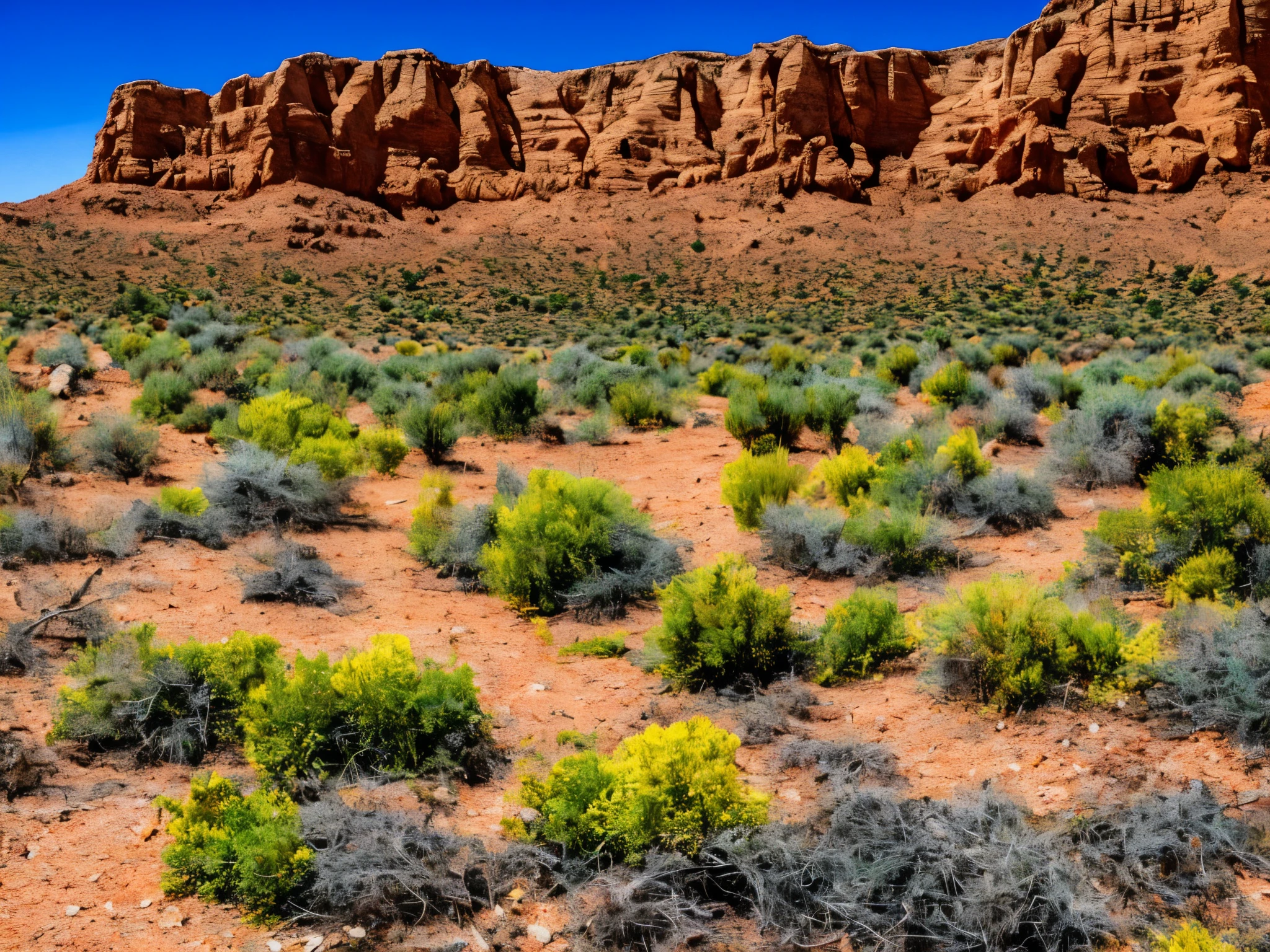 desert canyon, ((detailed rocks and cliffs)), cacti and desert plants, palm trees in the distance, crystal-clear blue sky, best quality ,highres, ultra-detailed, realistic lighting, vivid colors, warm golden hues