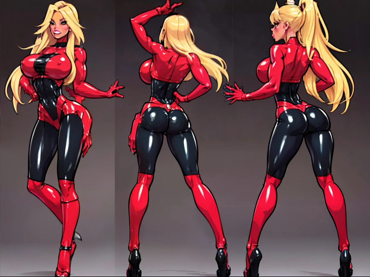 ((masterpiece)),(((best quality))),((character design sheet)), illustration, 1 girl, 1 woman, ((rubber woman)), taimanin, environment Scene change, (black skin:1.1)), muscular, (red shirt:1.2),  sharp edges, heroic, pink legs, thick legs,)) (woman is blonde with ponytail,((puffy lips))) scribbles and marks, rough sketches, pose too, color palette, 8k,16k, ( background, light background: 1.3)