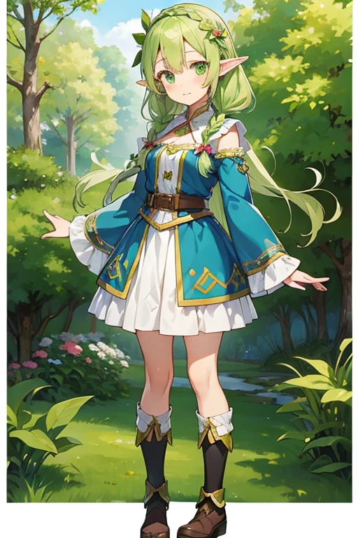 Anime girl with green eyes, standing , full body , elf girl, braid pigtails , official character art, elf girl in flower clothes, art style of Rune Factory 5, official art , simple background , high detail official artwork, official character illustration, colored line art