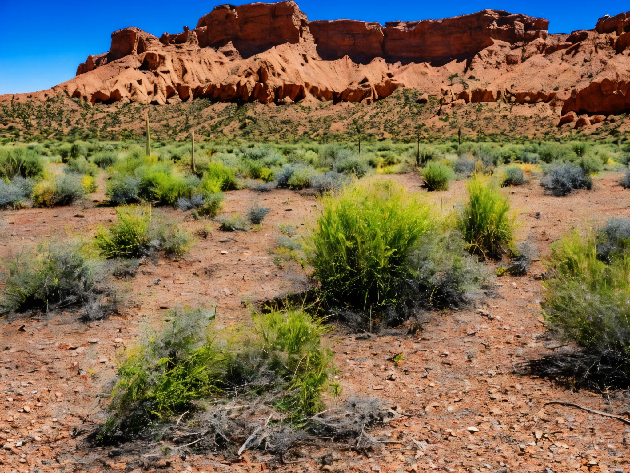 desert canyon, ((detailed rocks and cliffs)), cacti and desert plants, palm trees in the distance, crystal-clear blue sky, best quality ,highres, ultra-detailed, realistic lighting, vivid colors, warm golden hues