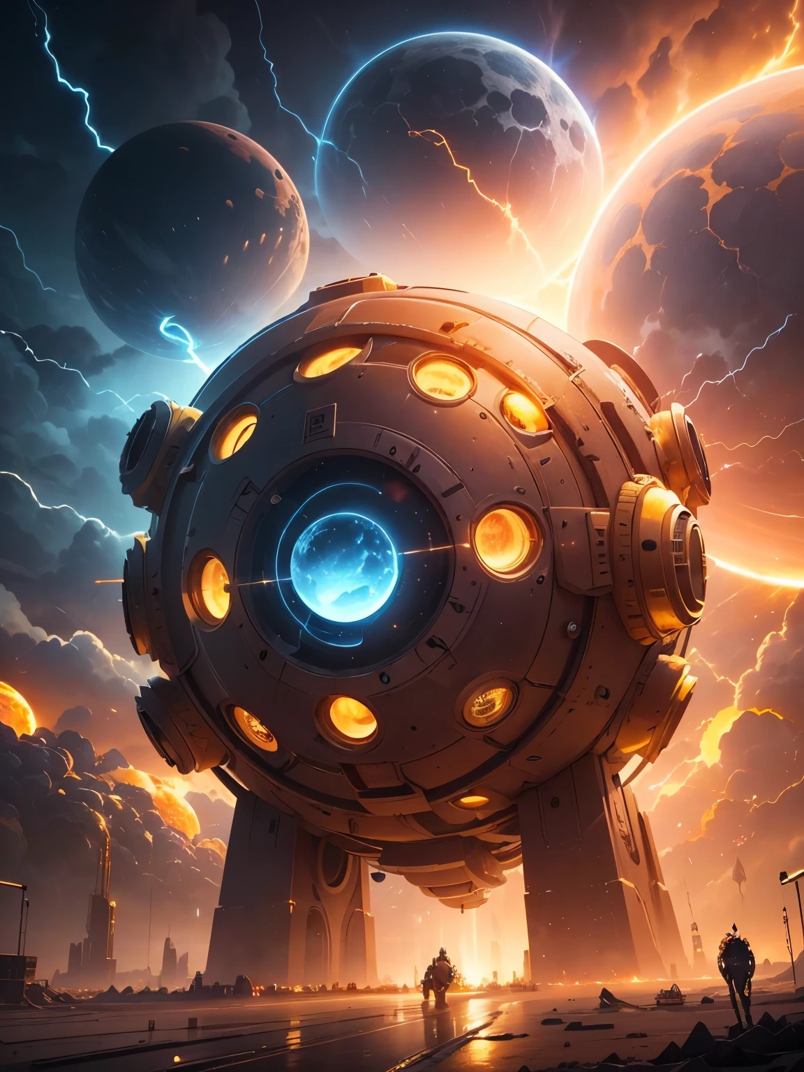All golden,Left,Power Equipment,crystal clear,large sphere,Emit blue light,background with,future technology,cyberpunk city,Large mechanical building,big gear,doomsday ruins,giant tornado,strange sky,lightning thunder,sunset fire clouds,multiple planets,end of the world,giant tornado