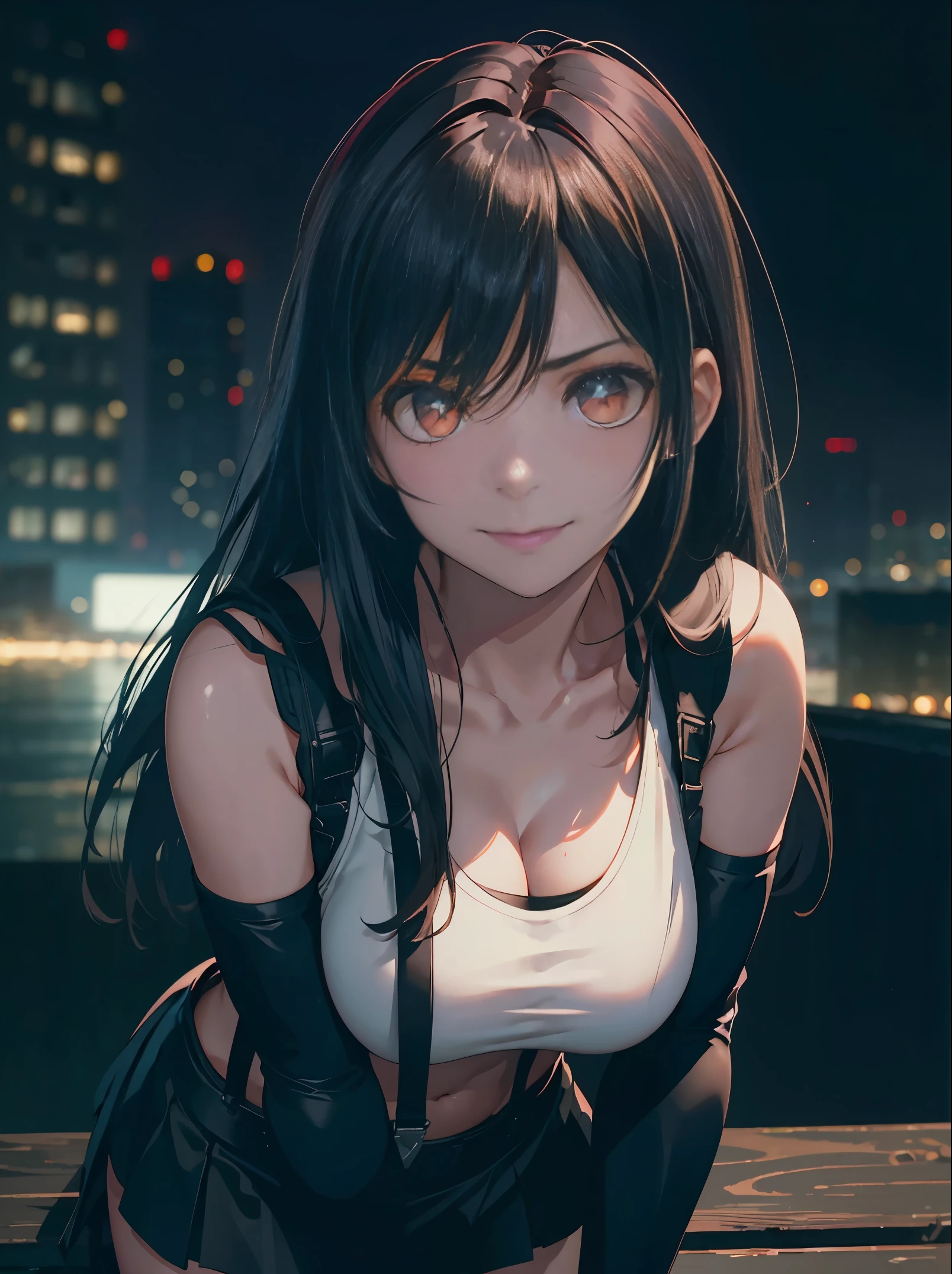 (8K, Best Quality, Masterpiece: 1.2), (Realistic, Photorealistic: 1.37), Super Detail, One Girl, Cute, Solo, (Tifa Lockhart), (Big Breasts), (Beautiful Eyes), (Smile: 1.2), Closed, Model Pose, (Green Neon), Cityscape, Depth of Field, Dark Strong Shadows, Sharp Focus, Motion Blur, Depth of Field, composition, , Final Fantasy VII, (nose brush), single elbow pads, ankle boots, black hair, red boots, elbow gloves, elbow pads, fingerless gloves, sports bra, black skirt (suspenders), white tank top: 1.5, full body, headrest, beauty face, low tie long hair, (red_eyes), (night: 1.5), complex, Cinematic Lighting, Photon Mapping, Radiosity, Physically Based Rendering, (Tetsuya Nomura style), Perfect Breast, Cleavage: 1.2,