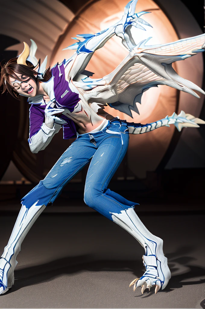 best quality, ultra high resoultion, masterpiece, extremely detailed raw photograph, inside fnatasy paleontology museum at night, standing on empty exhibit plinth, half transformation, college girl skeletal dragon hybridization metamorphosis, torn jeans and jacket,