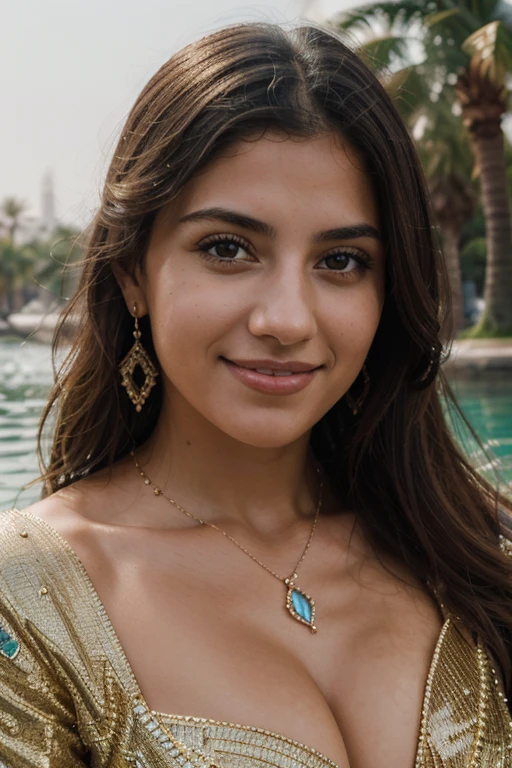 Portrait of Isabella and group: stunning, smiling woman, Dubai, (jewelry), lake. This masterpiece is of the highest quality, ultra-detailed and perfect for an 8k HDR wallpaper. Featuring brilliant lighting with sharp focus and intricate details.