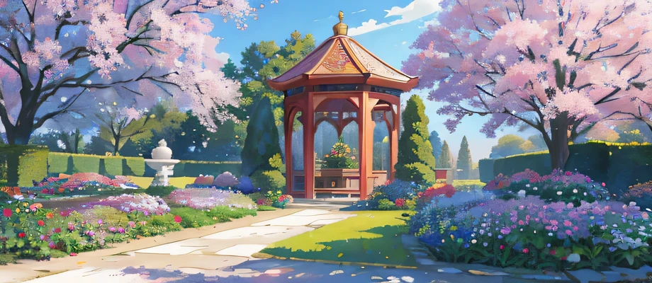 Garden pavilion painting surrounded by flowers and trees, John Parker, author:Arthur pen, author:Kim Hwan Ki, magnificent flower temple, ( Thomas Kincade ), author:Lichin, author:Kim Young Hwan, author:John Clayton Adams, paradise garden, Thomas Kindred, author:Chen Zhou, Steve Henderson, Amazingly detailed, Garden landscape reminder word copy There is a garden,There are fountains and flowers, Portal made of pink roses, romantic art style,landscape artwork, A beautiful artistic illustration, fountains and arches, royal garden background, pink rose garden, , Beautiful artist rendering,