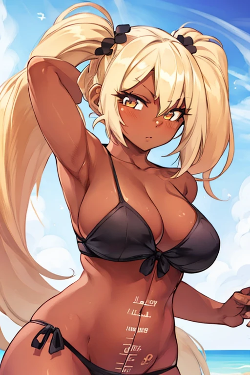 best quality, masterpiece, solo, 1girl,  dark skin, blonde hair, twintails, bikini, curvy, ruler tattoo