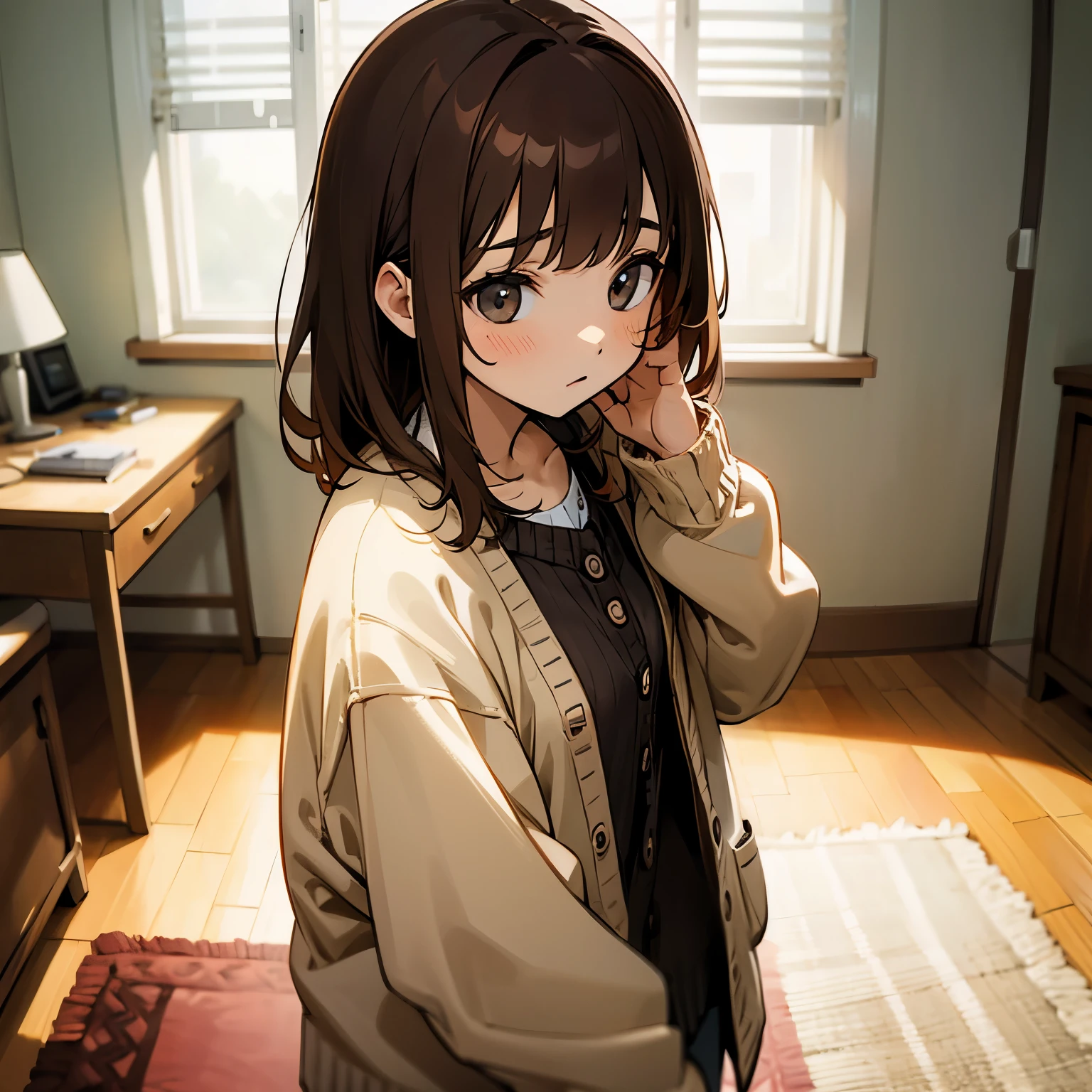 Troubled woman、brown hair、room、cardigan