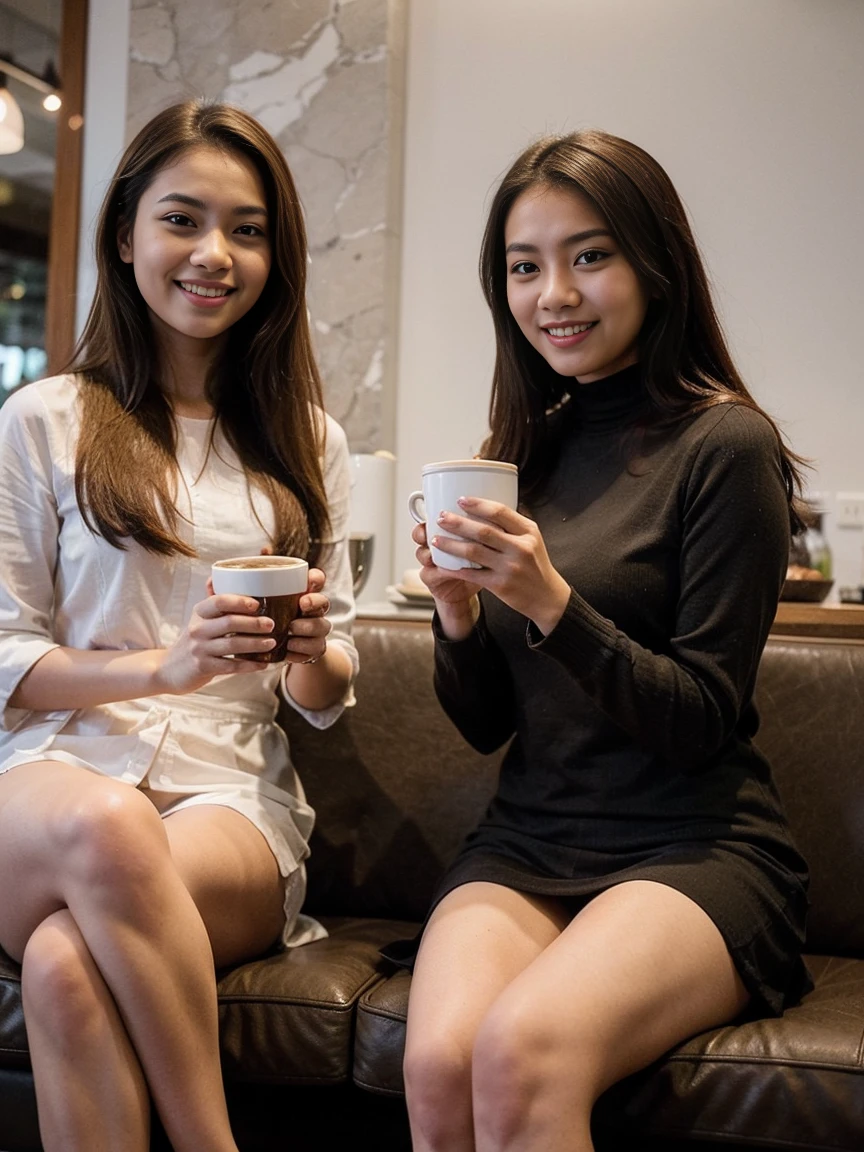Stunningly beautiful young Malay women, sitting and relaxing, enjoying coffee in a classy cafe, smiling
