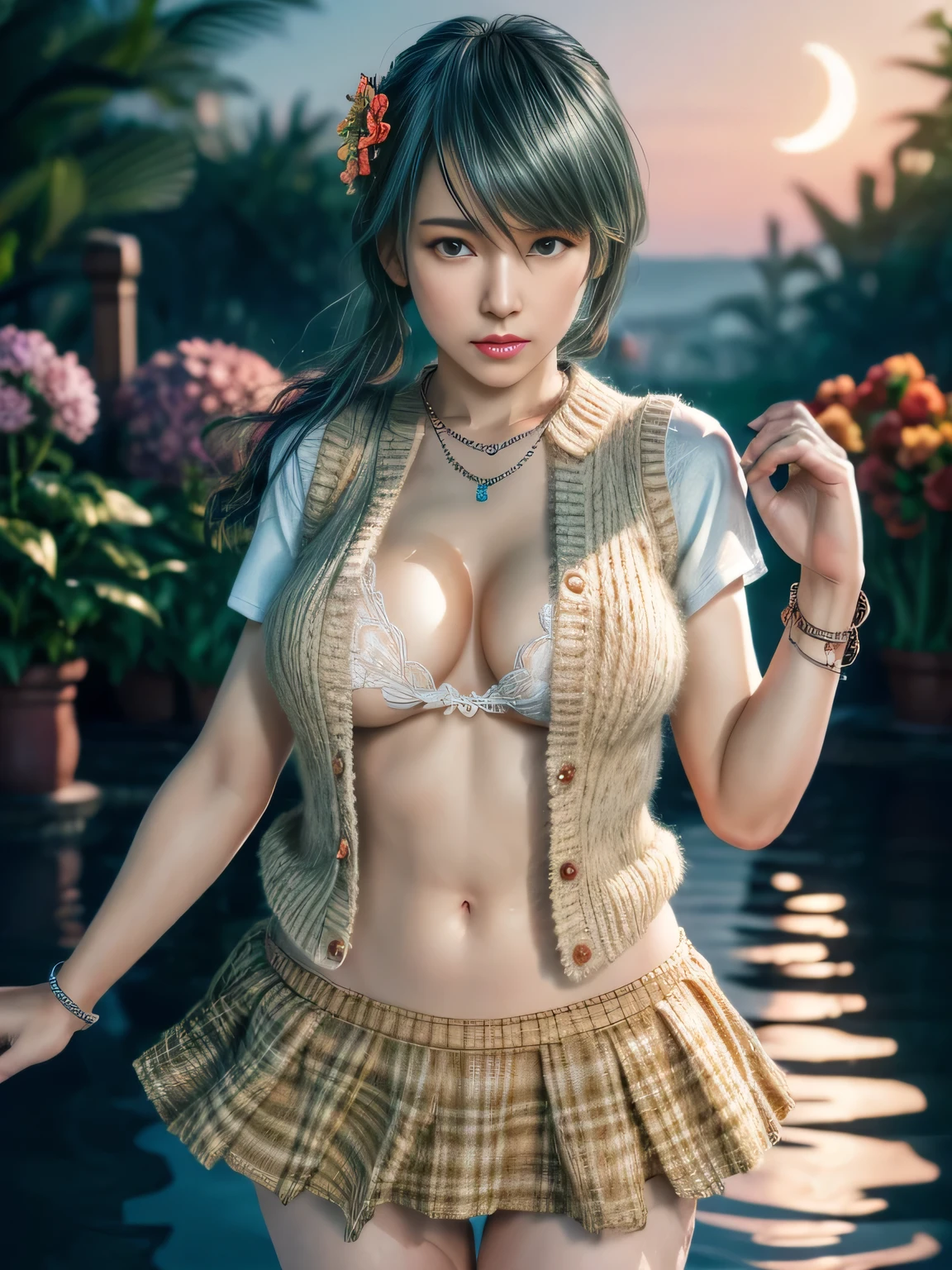 first-person view,1girl,Tamaki,(Wearing (Shirt), knitted vest skirt),((flower shop)),Jewelry,Tattoos,nighttime, full_moon,(( Water droplets glow)),red lips,charming body,Charming cleavage,(Masterpiece:1.5),( best quality:1.4),(reality:1.4), detailed,8K，Digital art,Detailed hair,expressive eyes, perfect face, real fingers,depth of field,Analogous Colors,Warm Tone,soft light,low Contrast,hard shadow, pop surrealism,