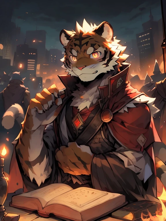 masterpiece, best quality, perfect anatomy, Bright Eyes, big watery eyes, 通过 乳Tiger1145, hairy, Tiger, (trigger:0.3), muscular man, alone, clothed, loose clothes,City,magic book