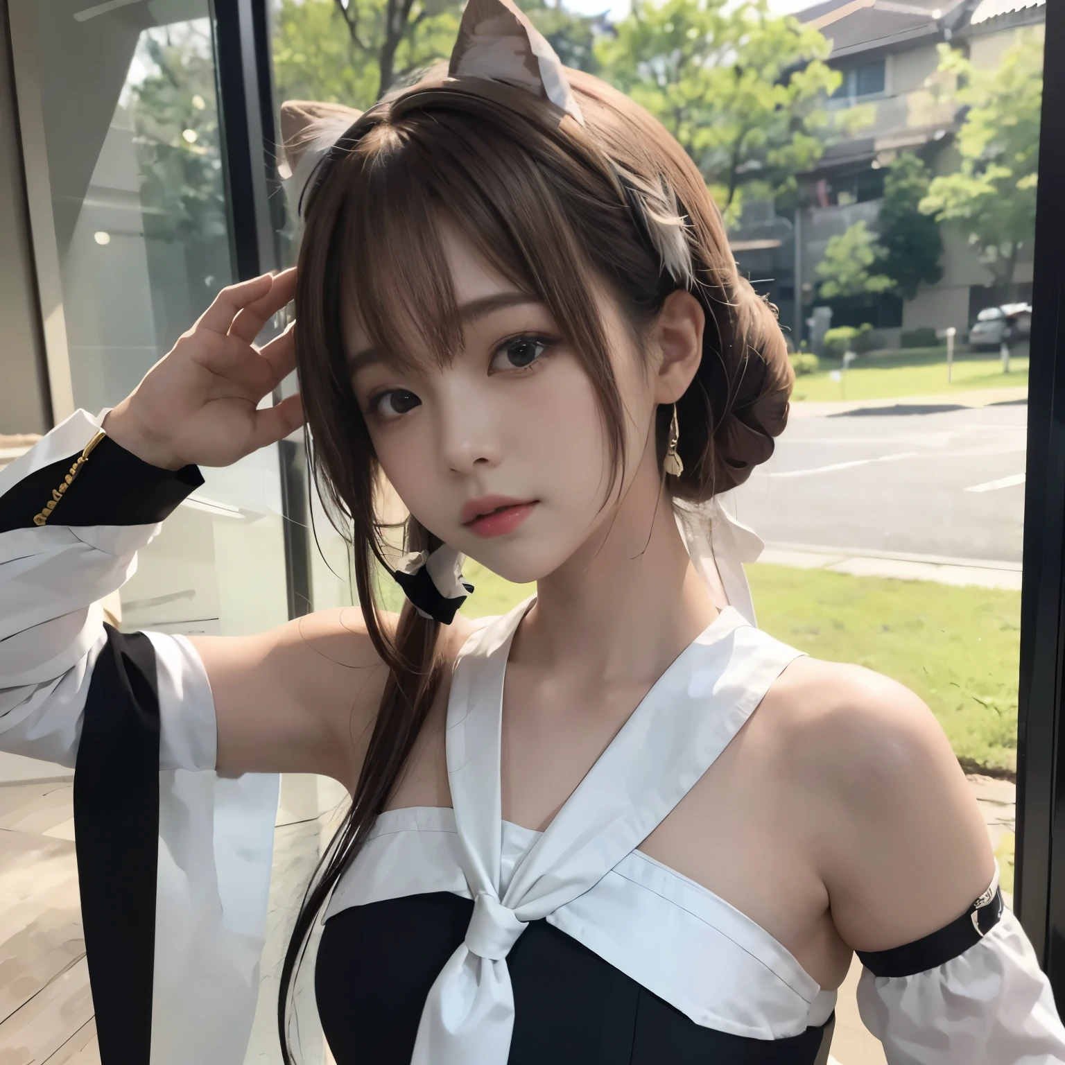 masterpiece, highest quality,, Sakura is exposed ○ (Umamusume),, (cl○se-up:1.2), rain, cl○ud, cl○udy, shad○w,, seri○us, Raise the hand, armpit, cl○sed m○uth, m○uth h○ld,, epaulet, black gl○ves, No sleeve, yell○w neckerchief, shirt, tying hair,