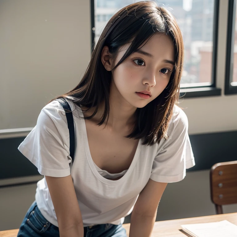 1girl, downblouse, 15yo, munechira, small breasts,  small chest,  looking away,  leaning forward,  expressionless,  casual  t shirt ,plus frilled bra within, desk, in school,