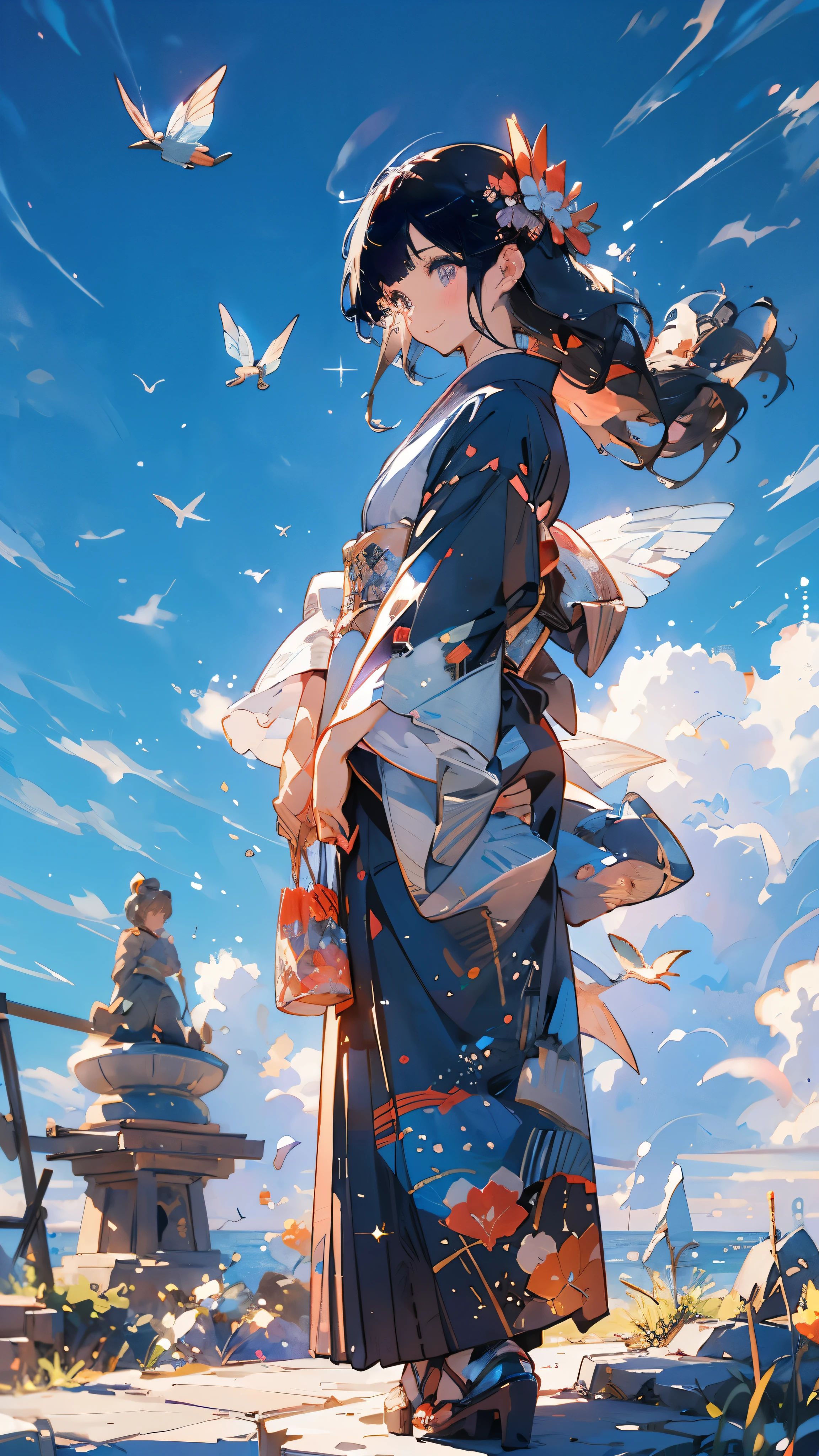 A day with a cloudless blue sky,The overall theme is navy blue.,angle from below,nice smile1girl,facing forward,luxury black, white and blue kimono,Haori and kimono fluttering in the wind,I'I put my hands on my heart and pray that this year will be a good year as well..,prayer pose,long hair fluttering in the wind,delicate makeup,short bangs,Wear sparkling aquamarine accessories,可愛いgirl,luxury hair pin,This year's hatsumode,delicate makeup,color contact lenses,short bangs,Sparkling glitter