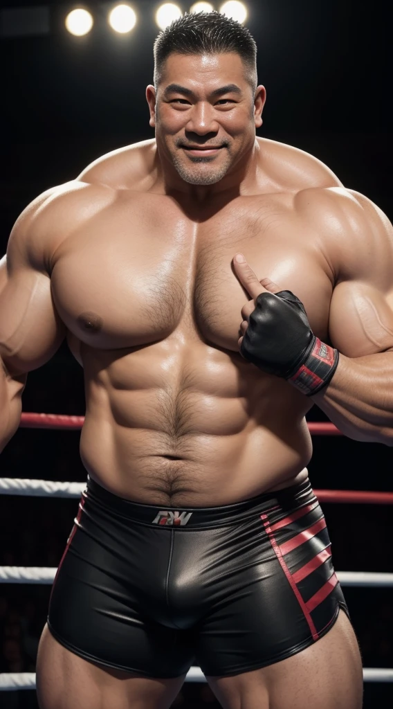 middle aged,the only person,male,Muscle wrestler,muscular,Stout wrestler,Asian,Uncles,60岁的middle aged,Short hair details,Short hair details细节,wrestling pants,Panorama characters,WWE ring,WWE American professional wrestling,spotlight,cellshading,imagining,briefly,age 55,middle aged,tattoo fingerless gloves,Wheat-colored skin,oily skin,Show off your chest muscles,Sumo wrestler,bodybuilder,Wide sideburns,Pronounced abs,Smile,(full body portrait:3),