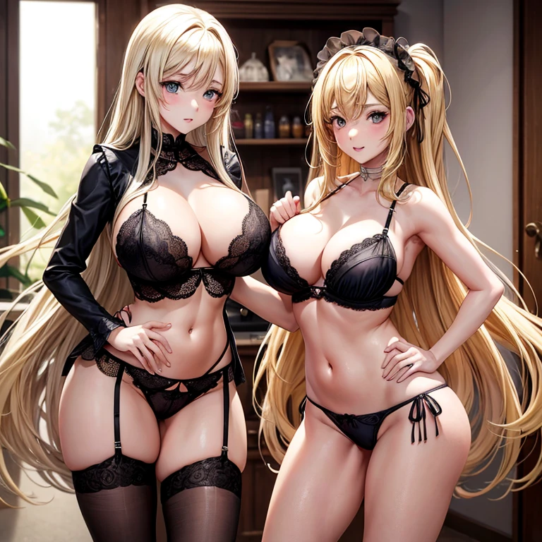 Chica de anime ,dos chicas embarazadas de pechos grandes y vientre sexy frontando sus vientres una contra otra tocando sus pechos, one with long brown hair, the other has long blonde hair, both wearing sexy black lingerie and the blonde wearing white lingerie,