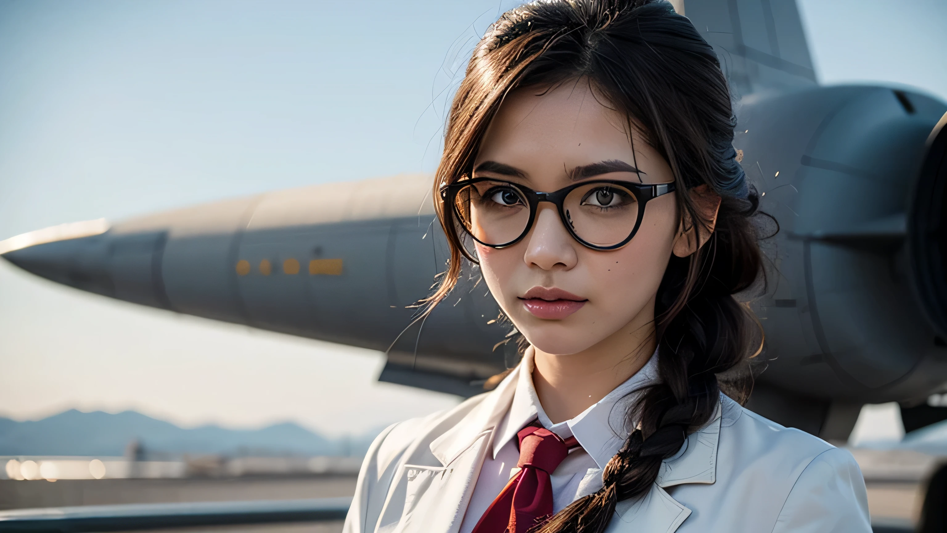 high definition,Women,small size,black hair,double braid hairstyle,bang bang,green eyes,red glasses,in formal clothes,uniform,white coat,gloomy expression,warship,aircraft carrier, of the future, science fiction, warplane, space, war