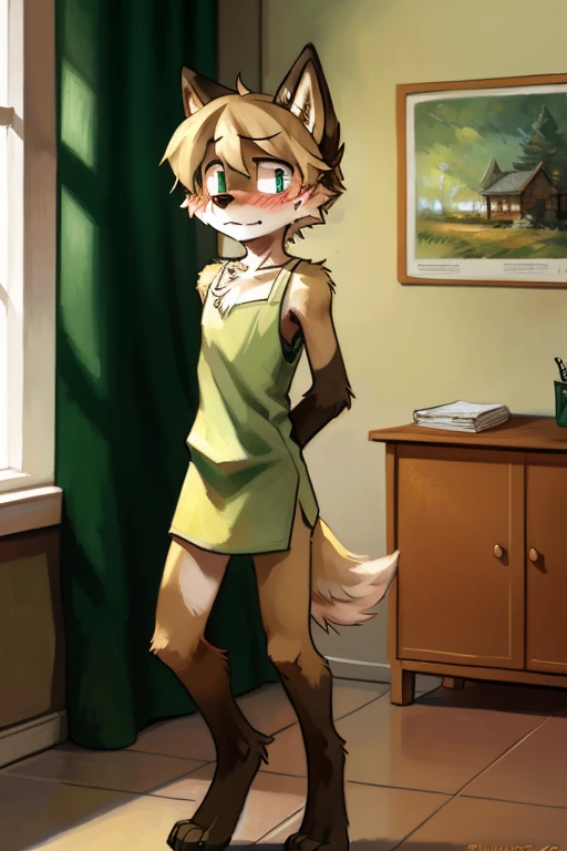 solo, wolf, male, slender, ((twink)), detailed, uploaded to e621, beautiful and detailed portrait of an anthropomorphic boy, short hair, swaybat, (((male))), kenket, uploaded to e621,(detailed lace skirt), (detailed canine penis, flaccid, knot, sheath, testicles, precum), bedroom, laying on bed, blushing, mocking look, sly smile, biting lip, ((quivering motion lines))