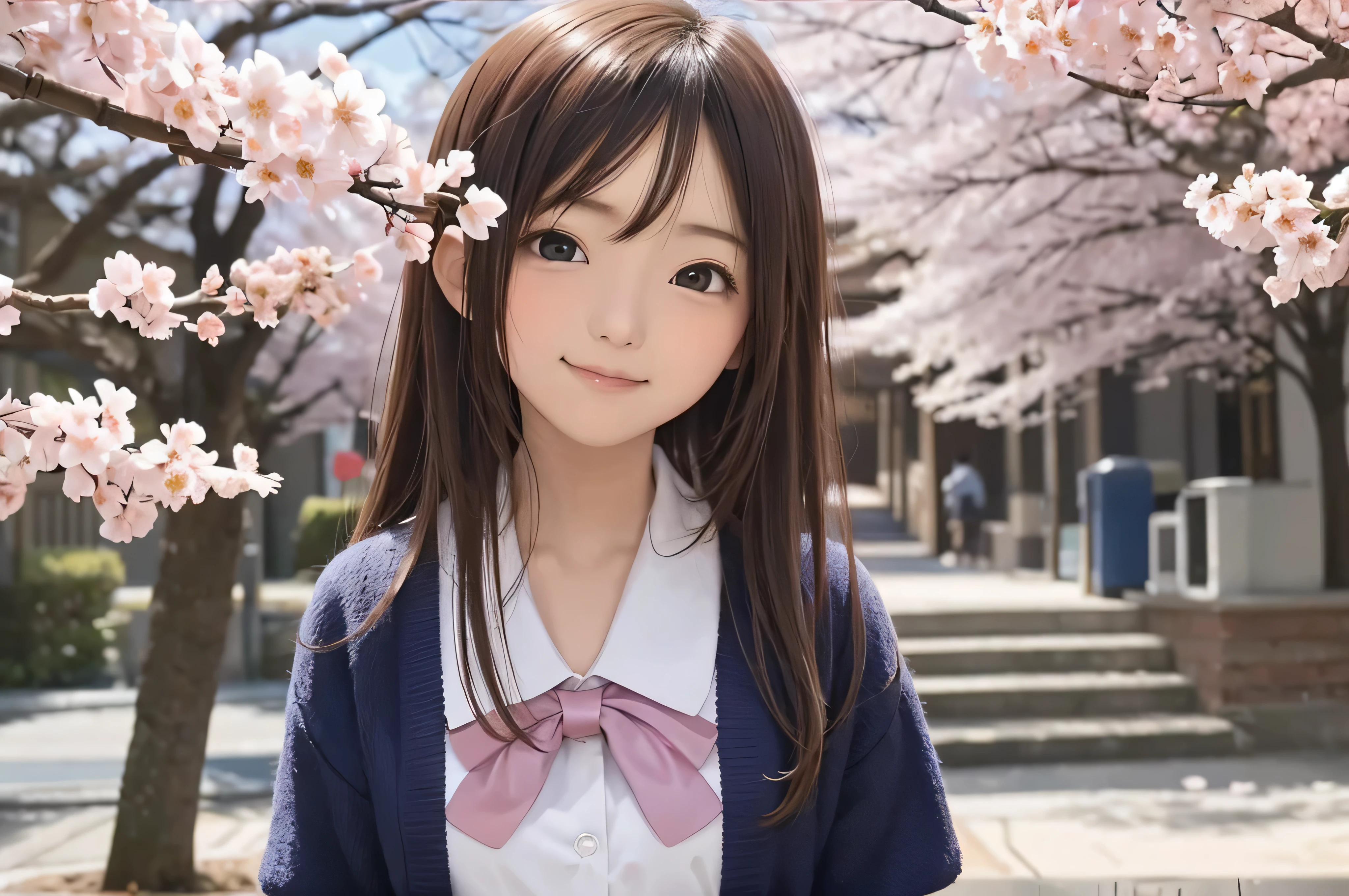 Anime-style portrait of Japanese junior high school girls standing under spring cherry blossoms. she is looking to the side, her long brown hair blows in the wind. The girl has a calm expression, While watching the falling cherry blossoms illuminated by soft pink light. her eyes are black and shining, with a subtle smile. She is wearing a Japanese school uniform with a white blouse and a navy blue cardigan。, Shining in the soft spring sunlight. The girl is depicted small in the frame. in the background, There are blurred branches of bright pink cherry blossoms. The scene exudes tranquility, Bright, and peaceful atmosphere, Reminds you of the beautiful moments of Japanese anime.