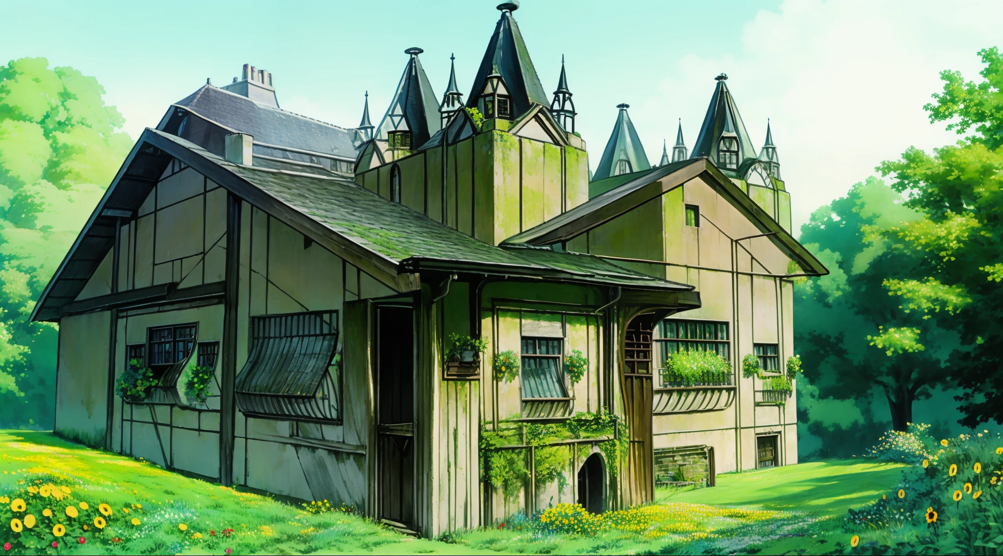 a gothic home on a field of white sunflowers, light through tall trees, morning sunrise, window bars, victorian home details, gothic architecture details, stone pathway, cut grass, wildflowers, lawn,
