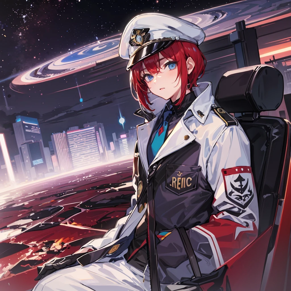 （（（masterpiece、Highest image quality、highest quality、highly detailed unity 8ｋwallpaper）））、（Illustration of one woman）、30 years old、（Viceroy）、（（Red-haired shorthair））、（Thin hair hanging down both sides of the face）、blue eyes、（（tall））、（（Muscle Woman、stocky build、muscular legs、broad shoulders、solid chest））、（（Military uniforms））、（（Military Cap））、（（Military coat））、（white clothes）、（White pants）、（white hat）、trench coat、、（（（manspreading、Sitting in the captain's seat）））、（（（Inside a futuristic spaceship、Surrounded by instruments and monitors、The Universe on the Monitor、Earth seen from space）））