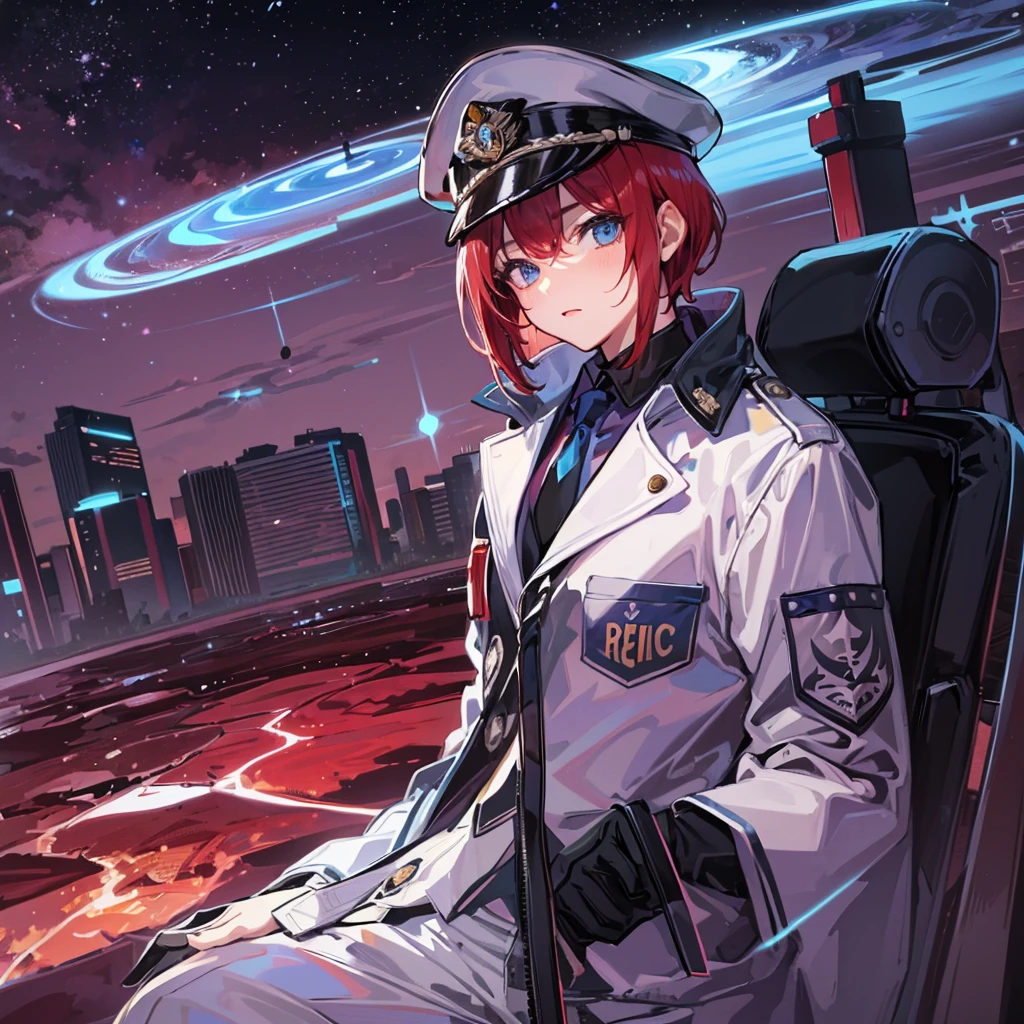 (((masterpiece、Highest image quality、highest quality、highly detailed unity 8kwallpaper)))、(Illustration of one woman)、30 years old、(Viceroy)、((Red-haired shorthair))、(Thin hair hanging down both sides of the face)、blue eyes、((tall))、((Muscle Woman、stocky build、muscular legs、broad shoulders、solid chest))、((Military uniforms))、((Military Cap))、((Military coat))、(white clothes)、(White pants)、(white hat)、trench coat、、(((manspreading、Sitting in the captain's seat)))、(((Inside a futuristic spaceship、Surrounded by instruments and monitors、The Universe on the Monitor、Earth seen from space)))