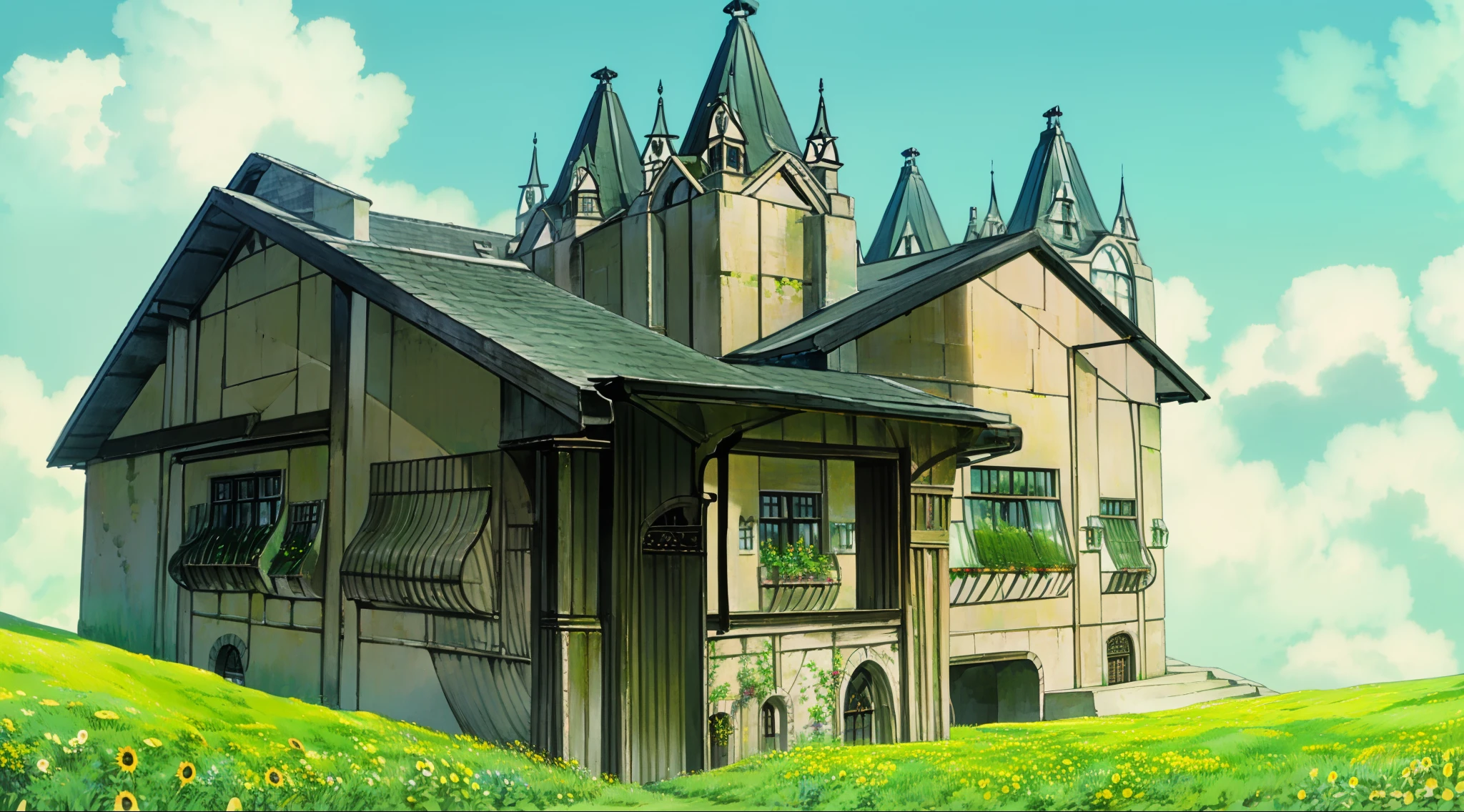 a gothic home on a field of white sunflowers, light through tall trees, morning sunrise, window bars, victorian home details, gothic architecture details, stone pathway, cut grass, wildflowers, lawn,