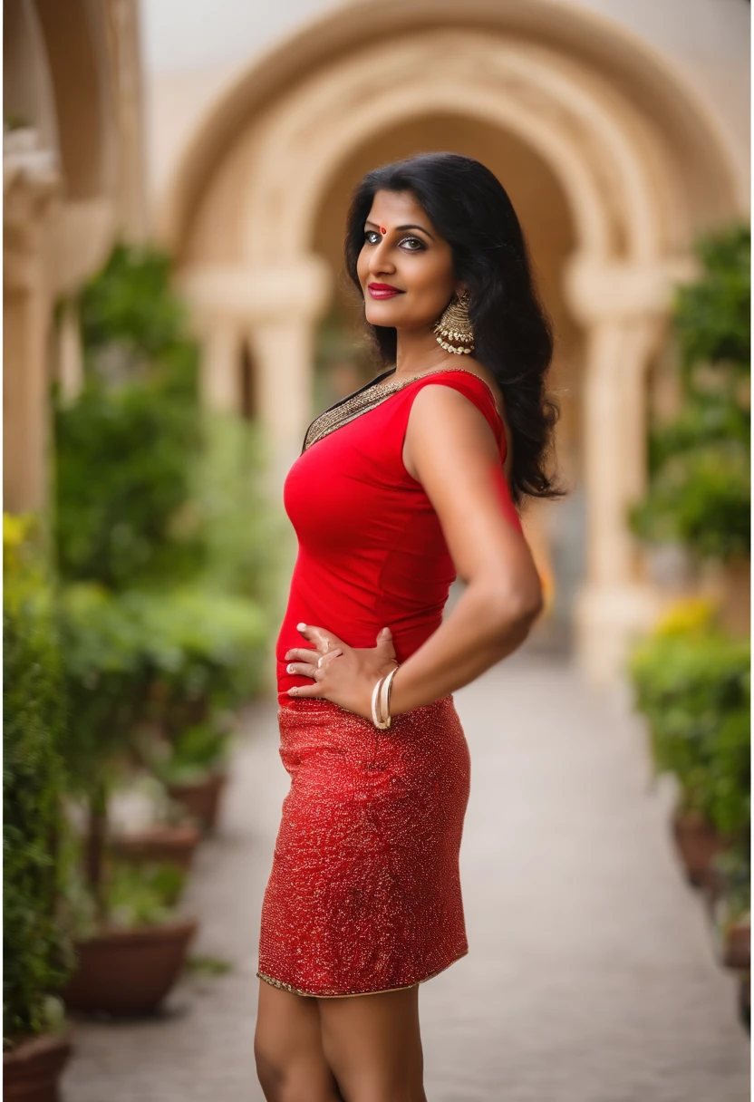 thirty-five year mature Indian sexy mom with a sexy figure in a tight red short skirt