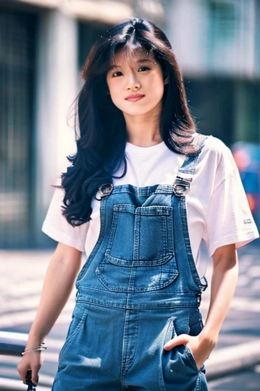 Akina Nakamori, Photo of pho3b3cat3s, Beautiful woman, ((24-years-old)), Street style, T-shirt, Denim Overalls, 1980s, retro style, Long wavy black hair ponytail, (masterpiece), (Highly detailed CG Unity 8K wallpaper), complicated, ((realistic)),