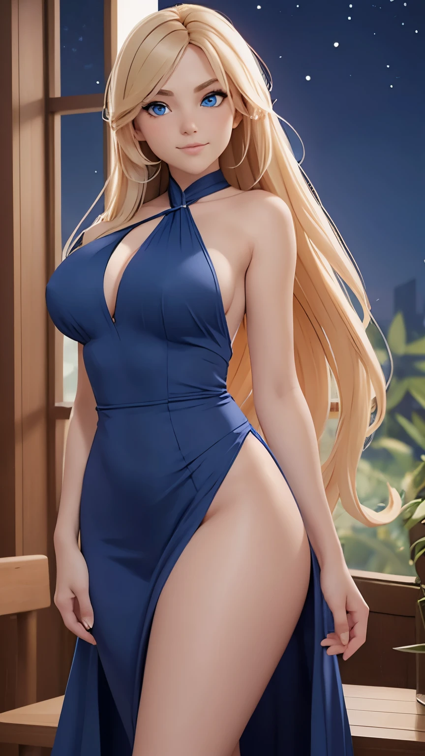 Only one girl with long straight light blonde hair.  Bright and expressive blue eyes.  Slim and athletic silhouette.  She opted for an elegant navy blue evening dress. big , big , big hip, long legs. Background garden in the night