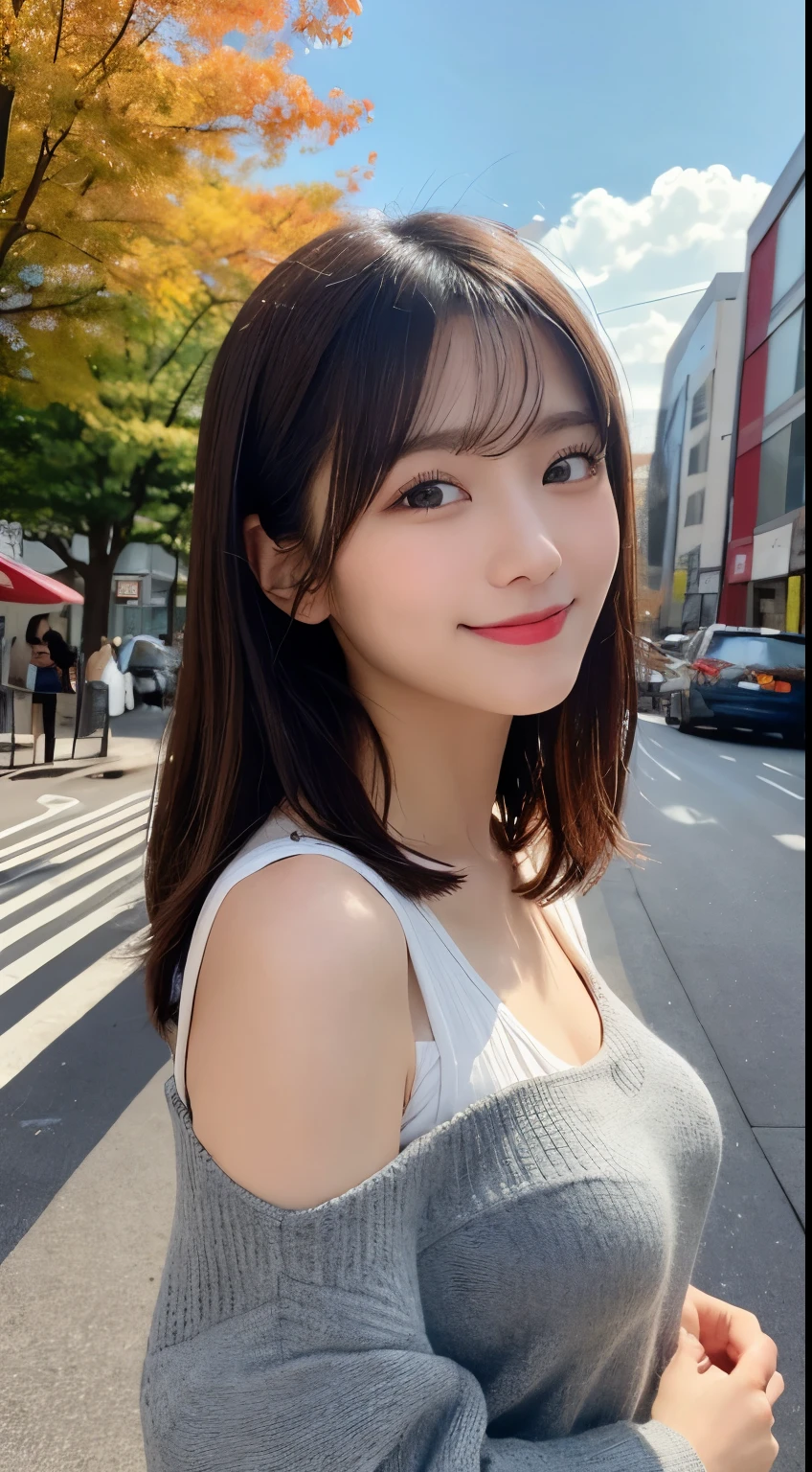 She looks happy when she sees this、casual clothes、Under the autumn sky、muste piece, best quality, illustration, Super detailed, fine details, High resolution, 8K Denden Wallpaper, perfect dynamic composition, beautiful detailed eyes, ladies fashion summer,bob hair,middle of chest, natural color lip, bold sexy pose,shy smile,Harajuku style、20 year old girl、cute type、sexy shot looking at camera