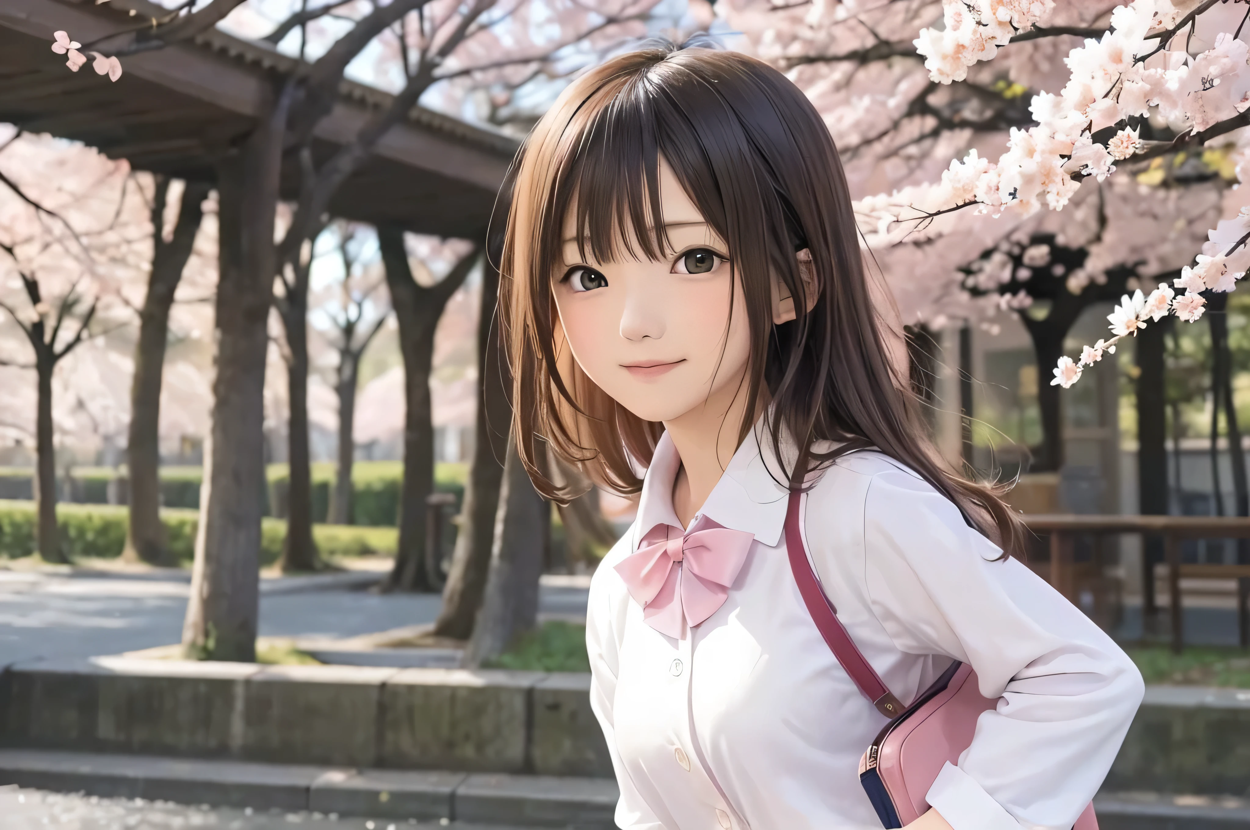 Anime-style portrait of Japanese  high school standing under spring cherry blossoms. she is looking to the side, her long brown hair blows in the wind. The girl has a calm expression, While watching the falling cherry blossoms illuminated by soft pink light. her eyes are black and shining, with a subtle smile. She is wearing a Japanese school uniform with a white blouse and a navy blue cardigan。, Shining in the soft spring sunlight. The girl is depicted small in the frame. in the background, There are blurred branches of bright pink cherry blossoms. The scene exudes tranquility, Bright, and peaceful atmosphere, Reminds you of the beautiful moments of Japanese anime.