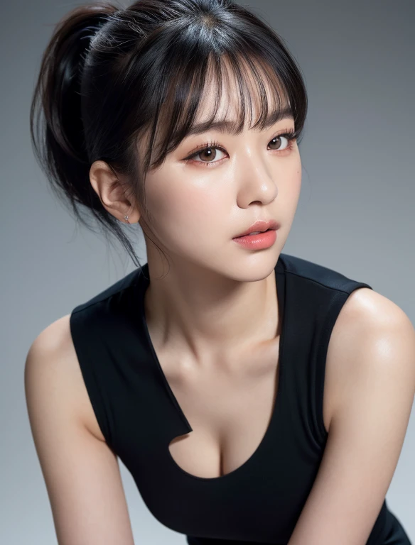 (ultra realistic,32k, masterpiece:1.2),(high detailed skin:1.1),( 8k uhd, dslr, high quality:1.1),
1girl,black hair,bangs andy ponytail,Jumpsuit,Mock Neck Sleeveless Leggings,(red lips:0.8),(mascara:1.1),huge breast,
(looking at viewer, sitting, from above:1.1),
(volumetric lighting:1.1),blank background,
